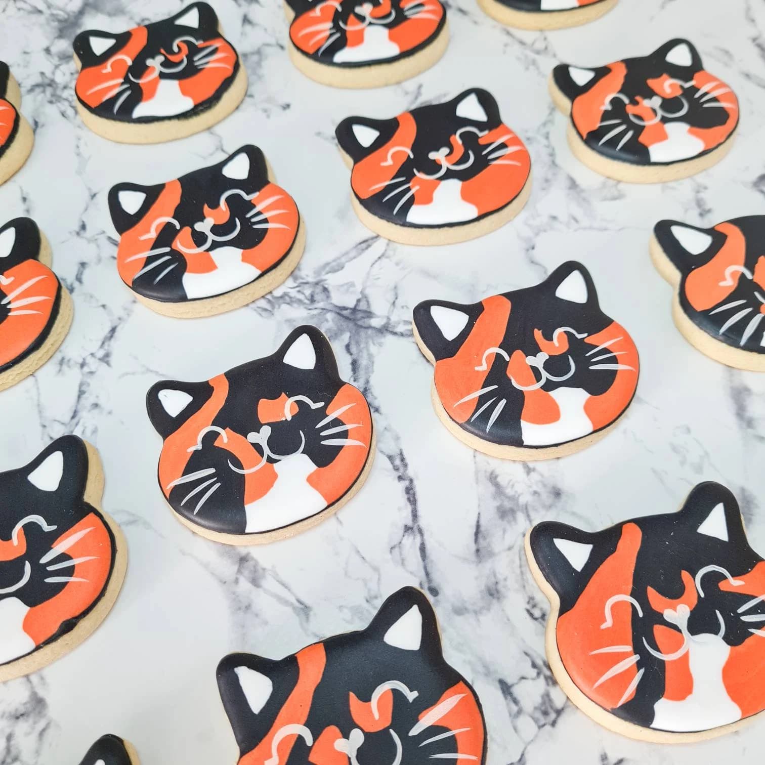Cat lover biscuits gift box. Picture shows 6 hand-iced chocolate biscuits, the designs are cat faces in Kawaii style.