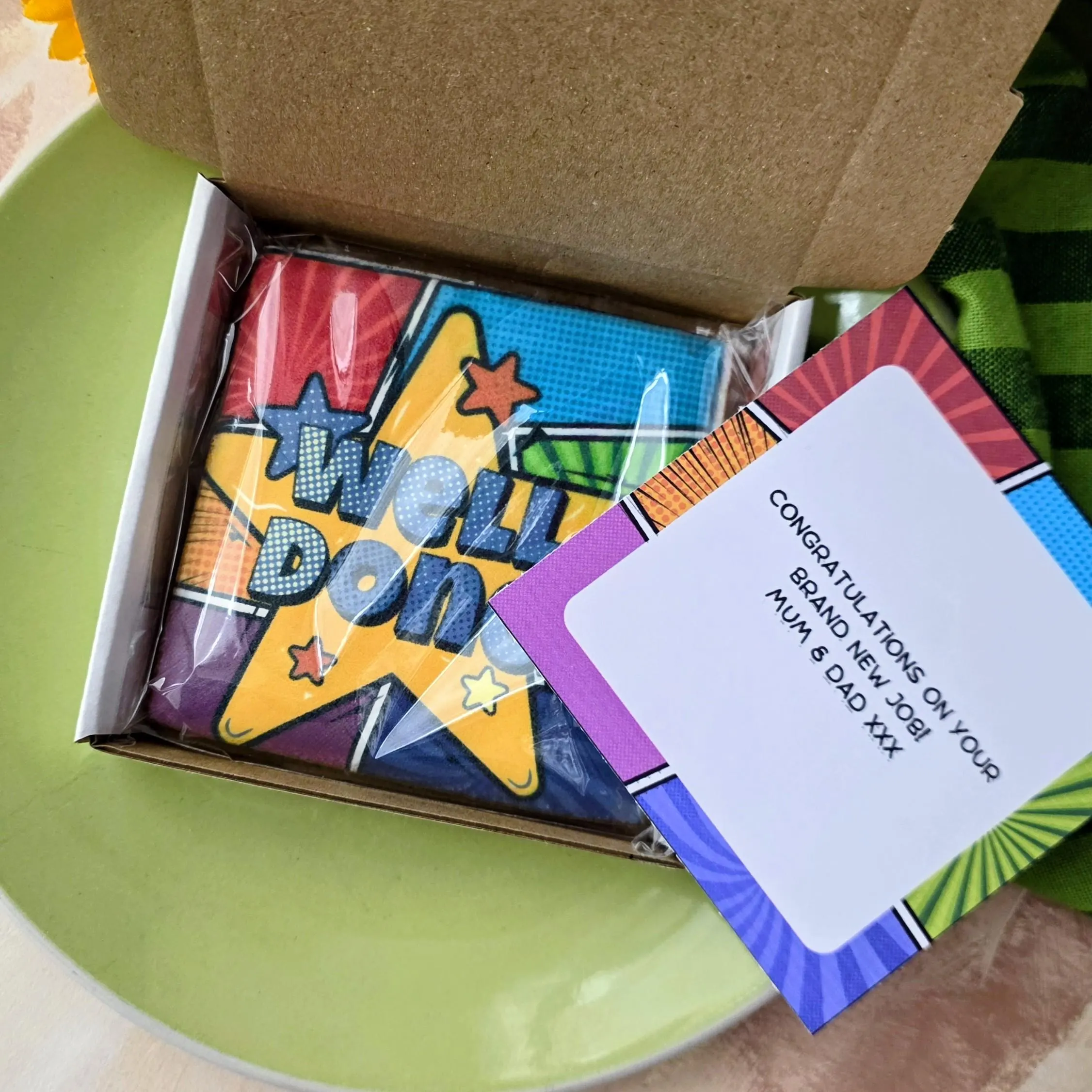 Delicious hand-iced vanilla biscuit printed with a comic book themed "well done" message, and with a personalised matching card. Perfect as a little well done gift for exams, GCSEs, new job, or new business. Free UK delivery.