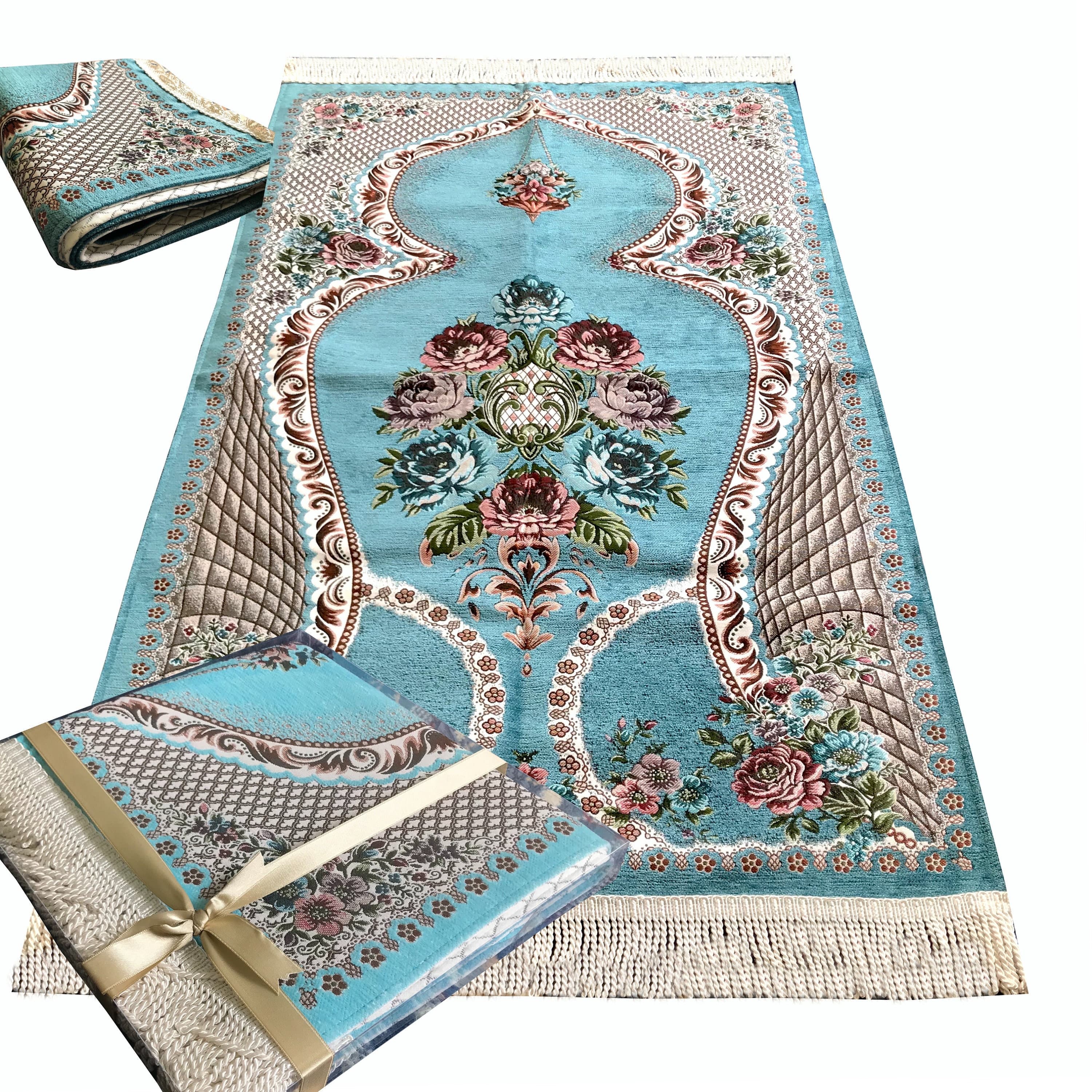 Premium Quality, Embroidered Floral Prayer Rug ( 950g ) Lined Thick Prayer Mat/Janamaz with Gift Box