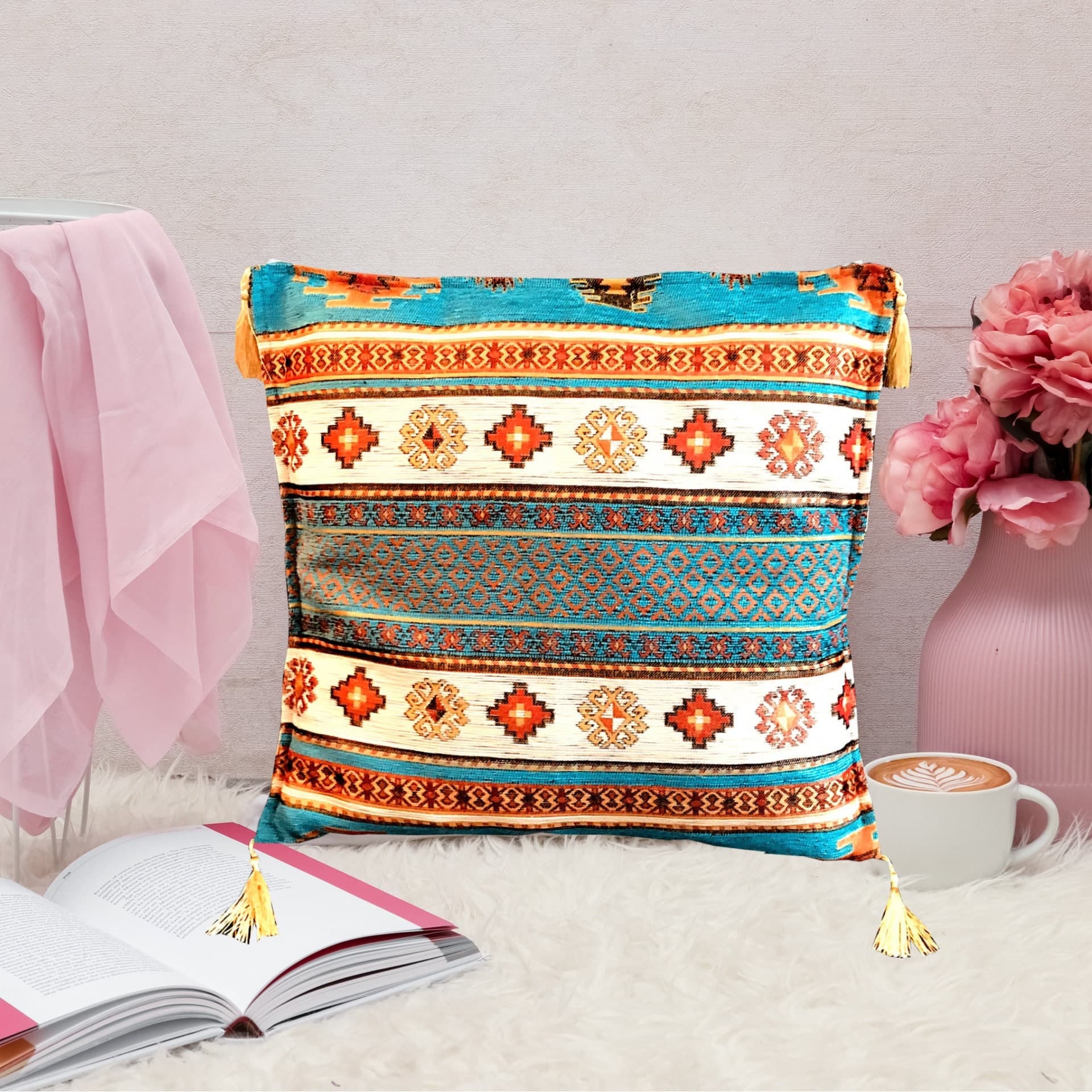 Kilim Fabric Rug Design Cushion, Sofa Pillow Covers, Farmhouse Style Geometric Pillow Case, Decorative Print Ethnic Home  Size: 45x45 cm