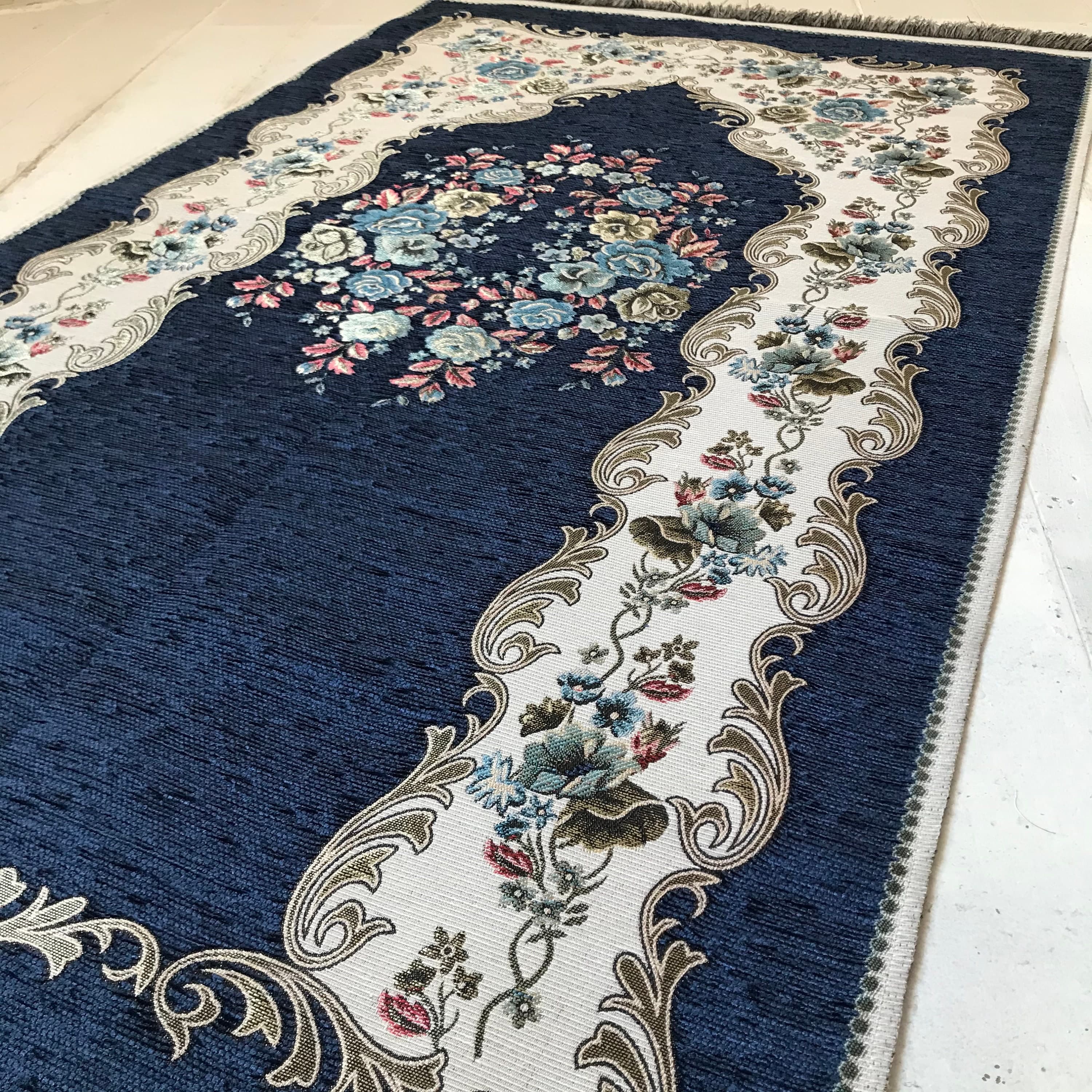 Chenille Luxury Floral Prayer Rug (Adult)-Large Prayer Mat / Janamaz - Navy Blue | Size: 125 x 67 cm - Made in Turkey - image 5