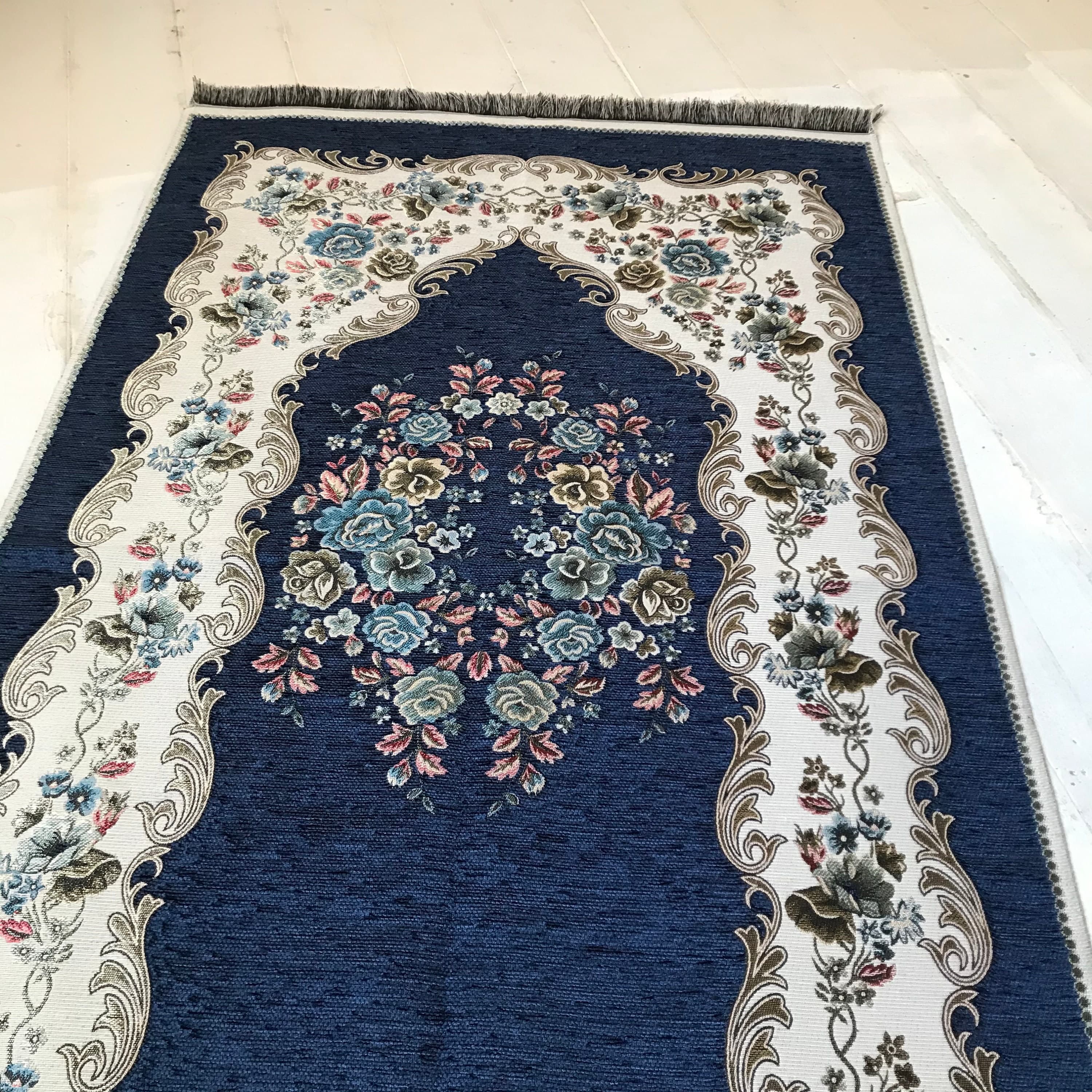 Chenille Luxury Floral Prayer Rug (Adult)-Large Prayer Mat / Janamaz - Navy Blue | Size: 125 x 67 cm - Made in Turkey - image 4