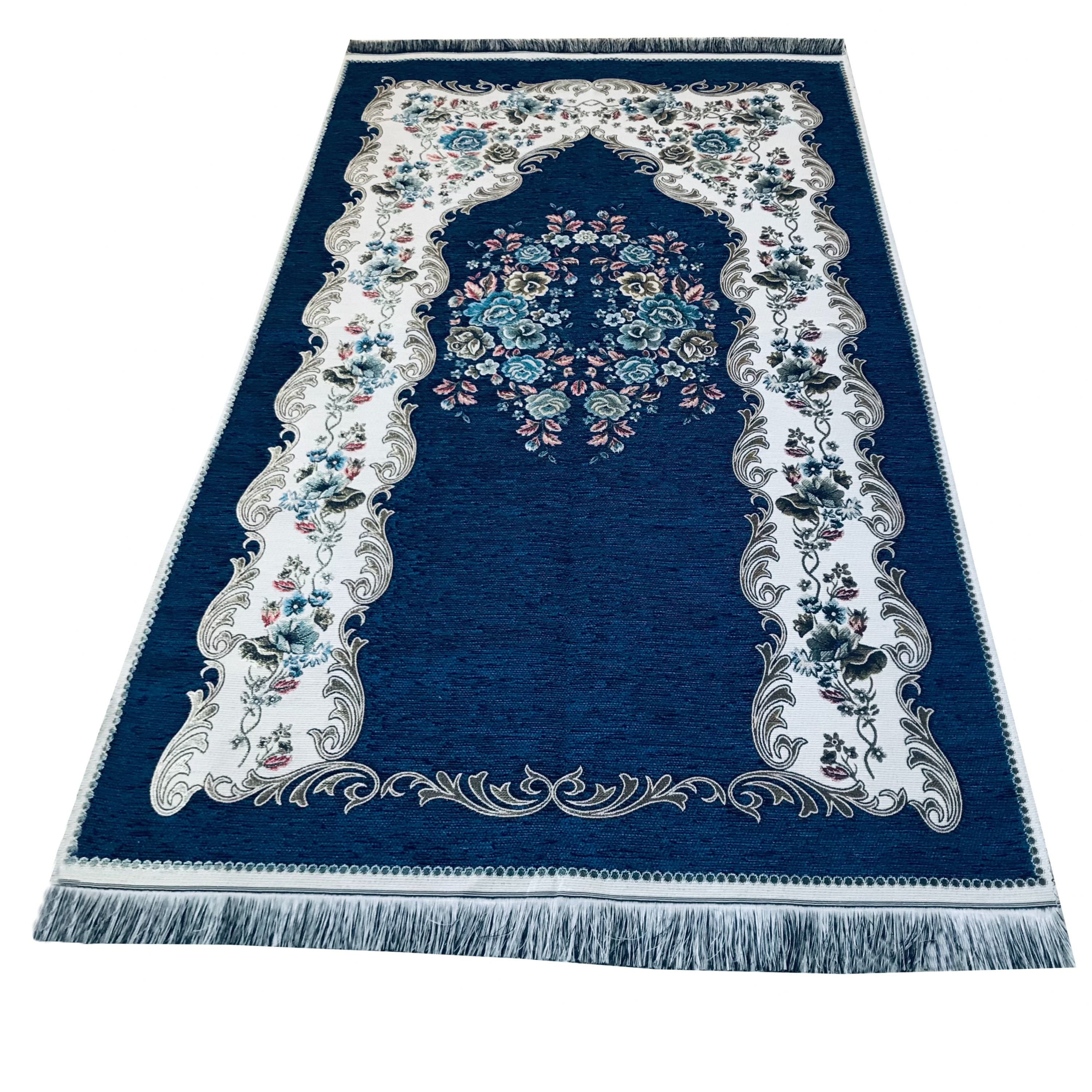 Chenille Luxury Floral Prayer Rug (Adult)-Large Prayer Mat / Janamaz - Navy Blue | Size: 125 x 67 cm - Made in Turkey