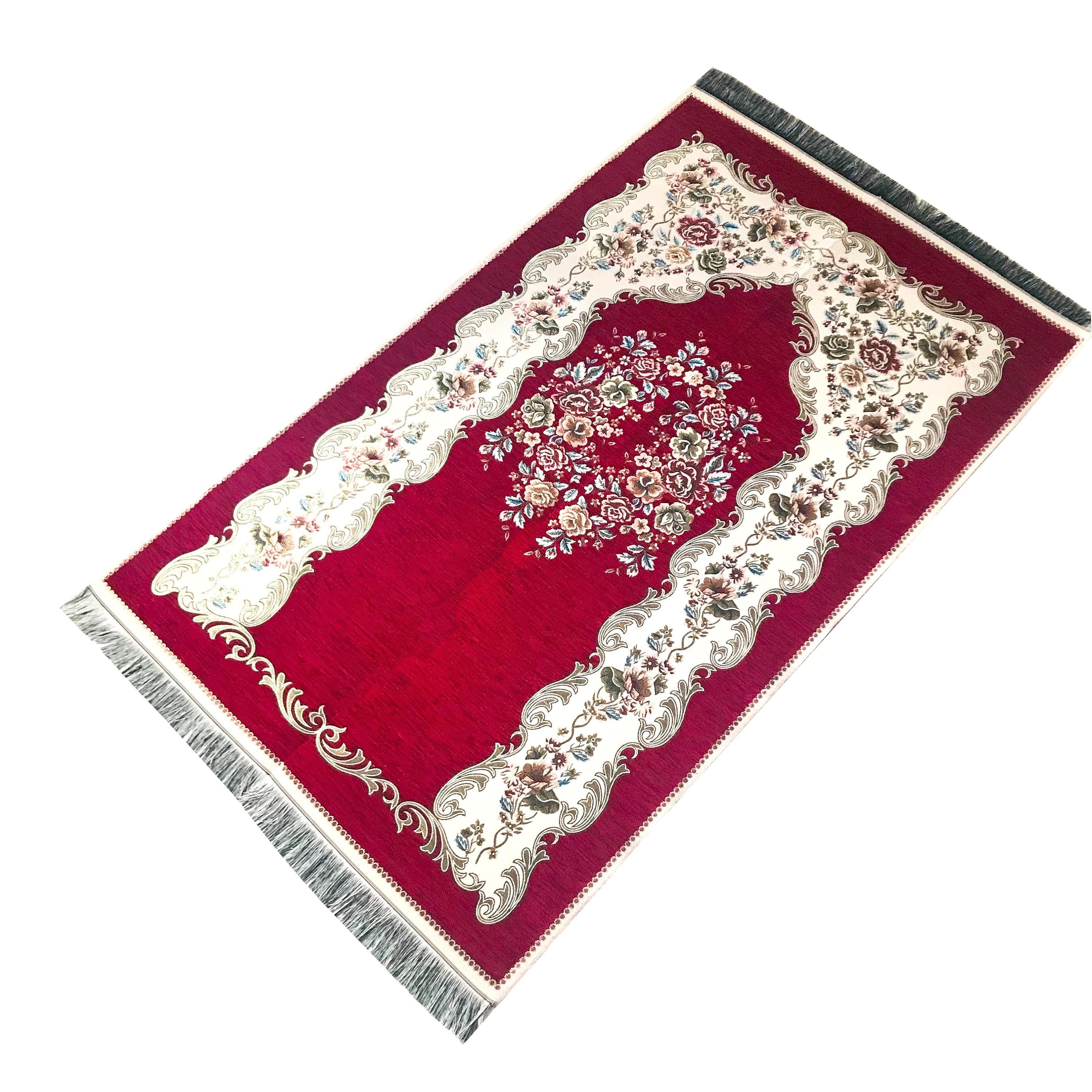Chenille Luxury Floral  Prayer Rug (Adult)-Large Prayer Mat / Janamaz -  Bordeaux |  Size: 125 x 67 cm - Made in Turkey