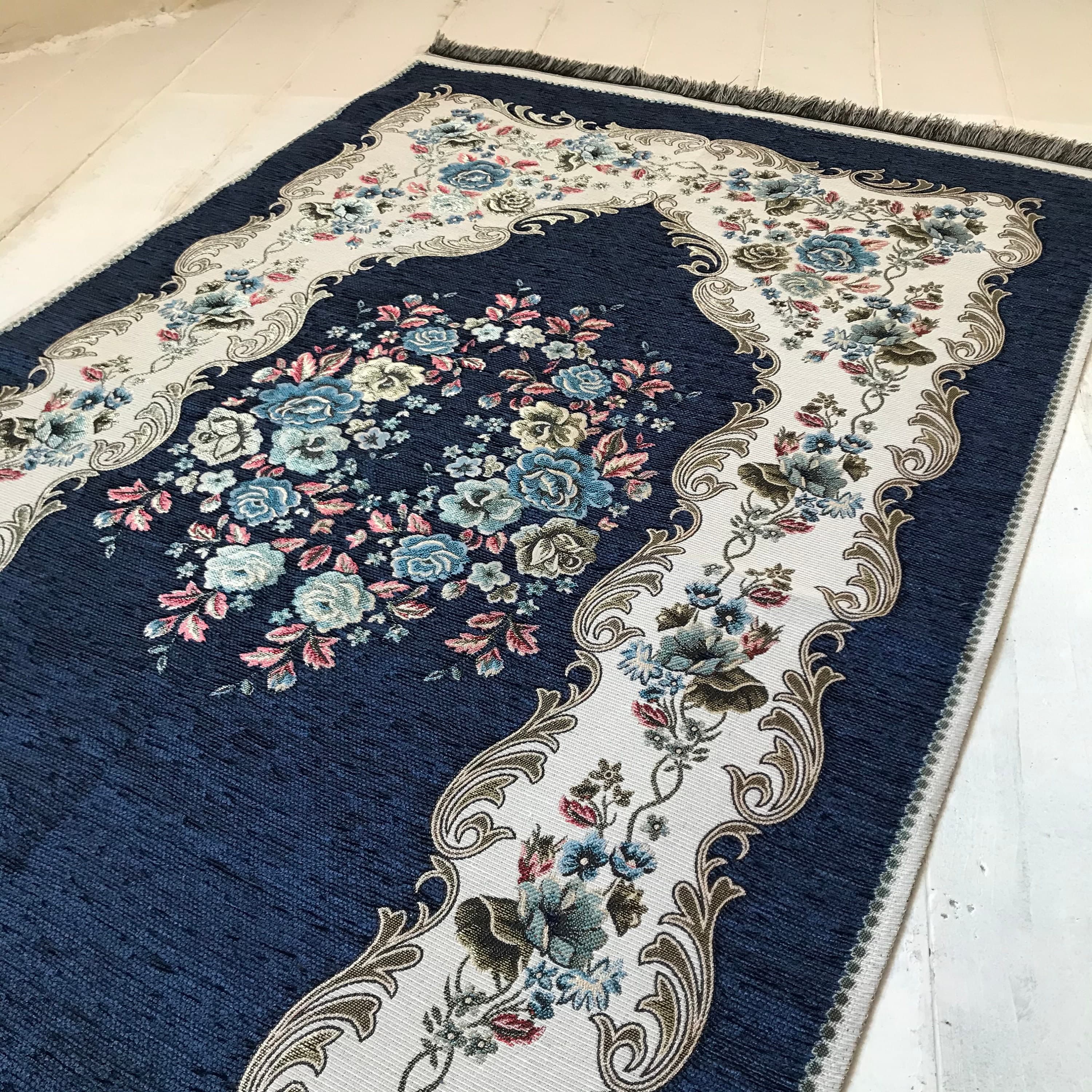 Chenille Luxury Floral Prayer Rug (Adult)-Large Prayer Mat / Janamaz - Navy Blue | Size: 125 x 67 cm - Made in Turkey - image 3