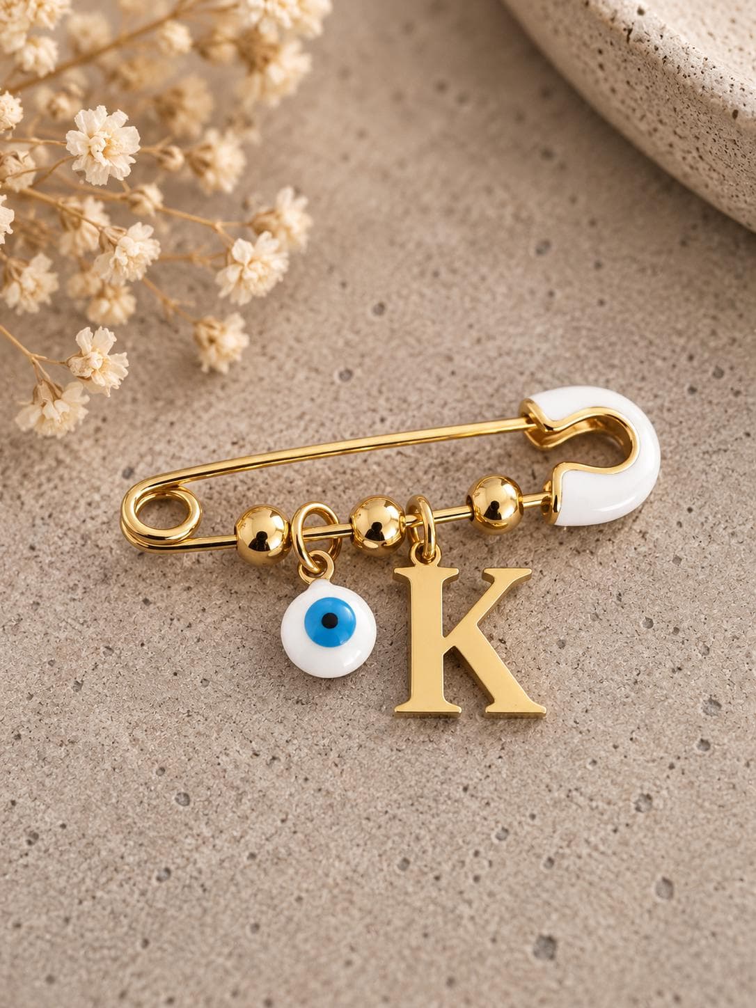 Personalized Gold-Plated Baby Safety Pin | Initial & Evil Eye Charm (Keepsake)