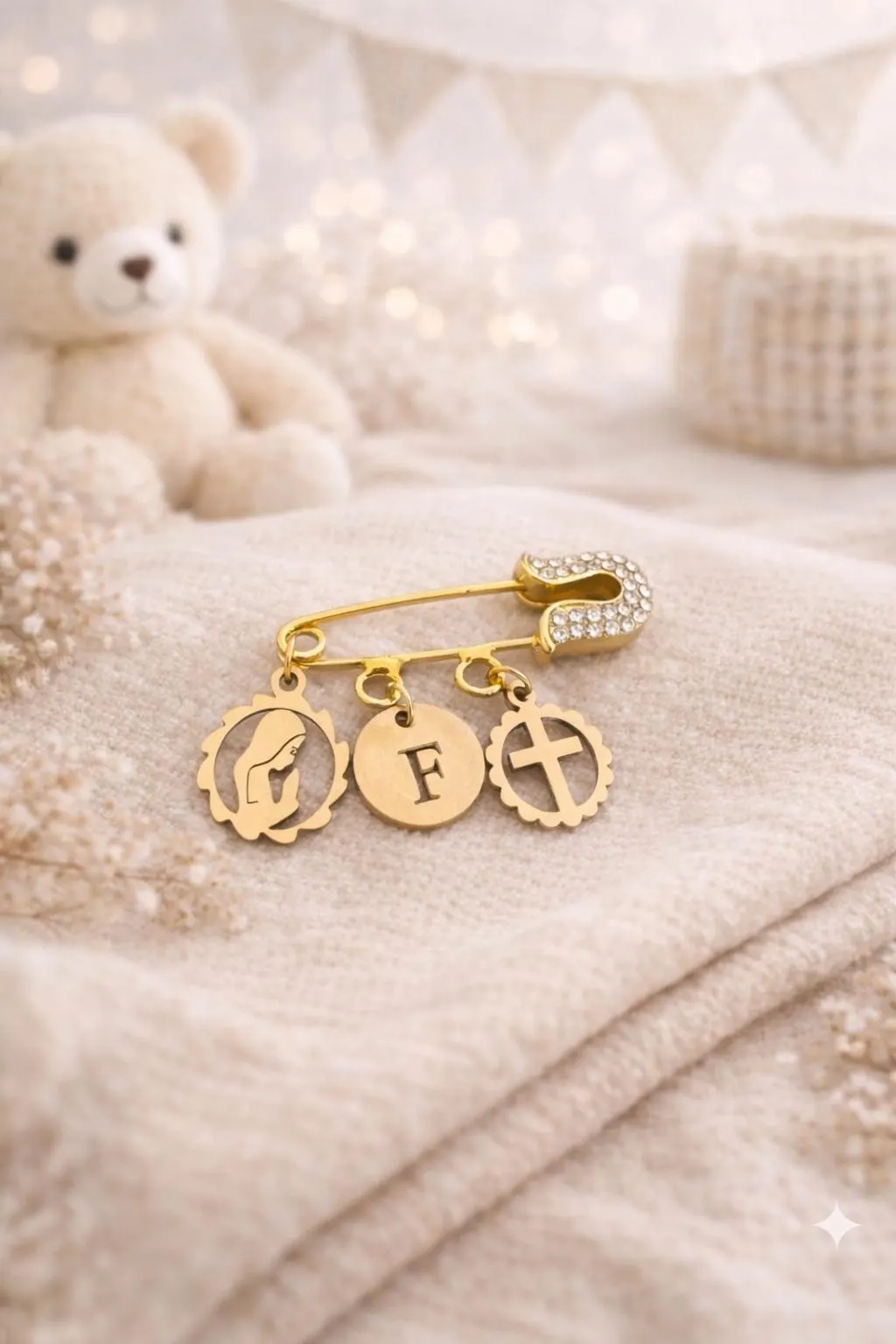 Personalized Gold Plated Baby Pin, Baptism Christening Keepsake, Virgin Mary Cross Charm