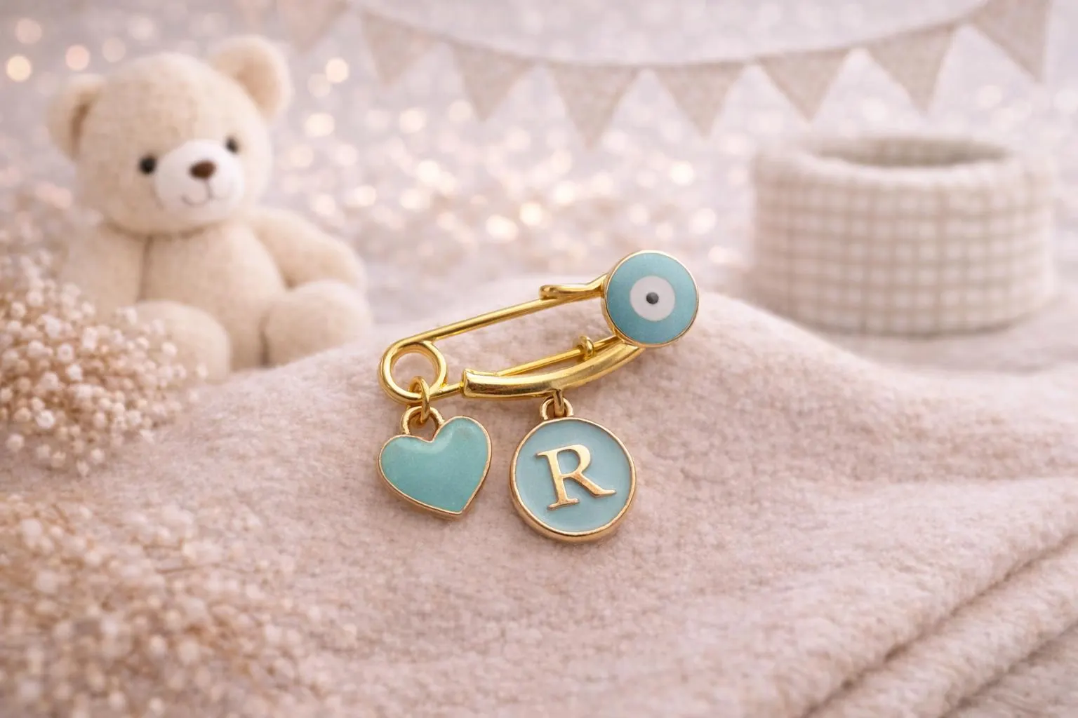 Personalized Baby Pin, Heart & Evil Eye, Newborn Keepsake Gift