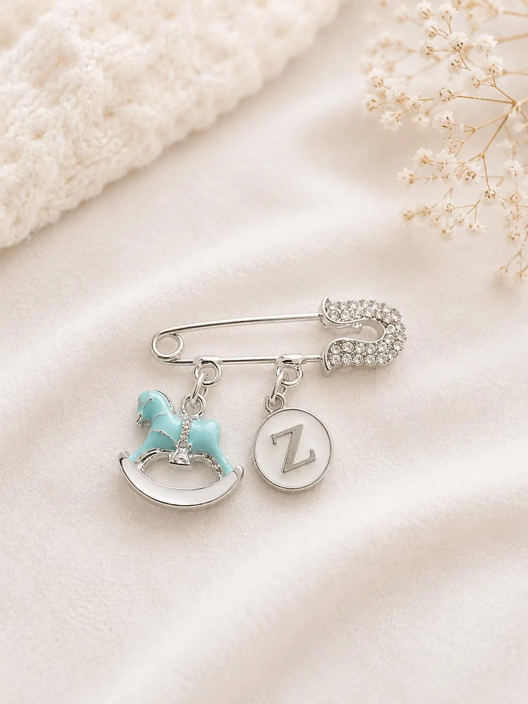Personalized Baby Pin, Rocking Horse Charm, Custom Initial Brooch, Silver-Plated Keepsake