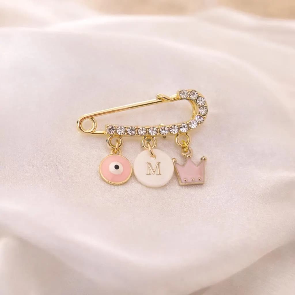 Personalized Baby Pin with Evil Eye, Crown, Initial | Gold Safety Pin Brooch - image 3