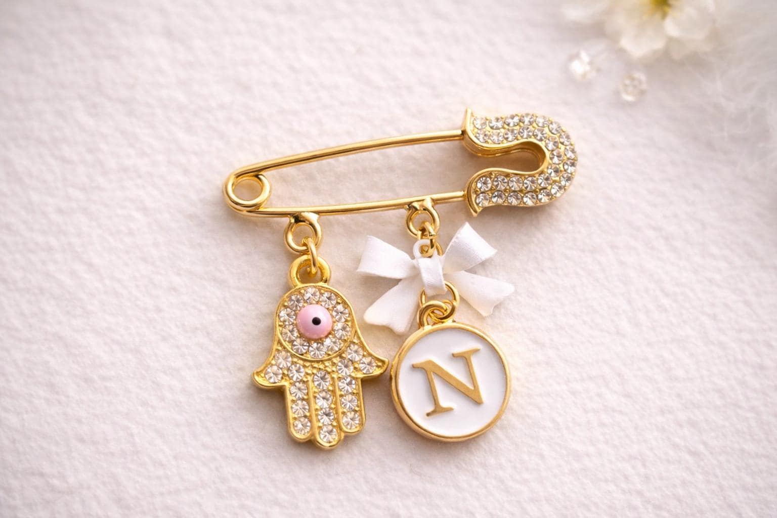 Hamsa Evil Eye Baby Pin, Personalized Initial Brooch, Gold Baby Gift - image 3