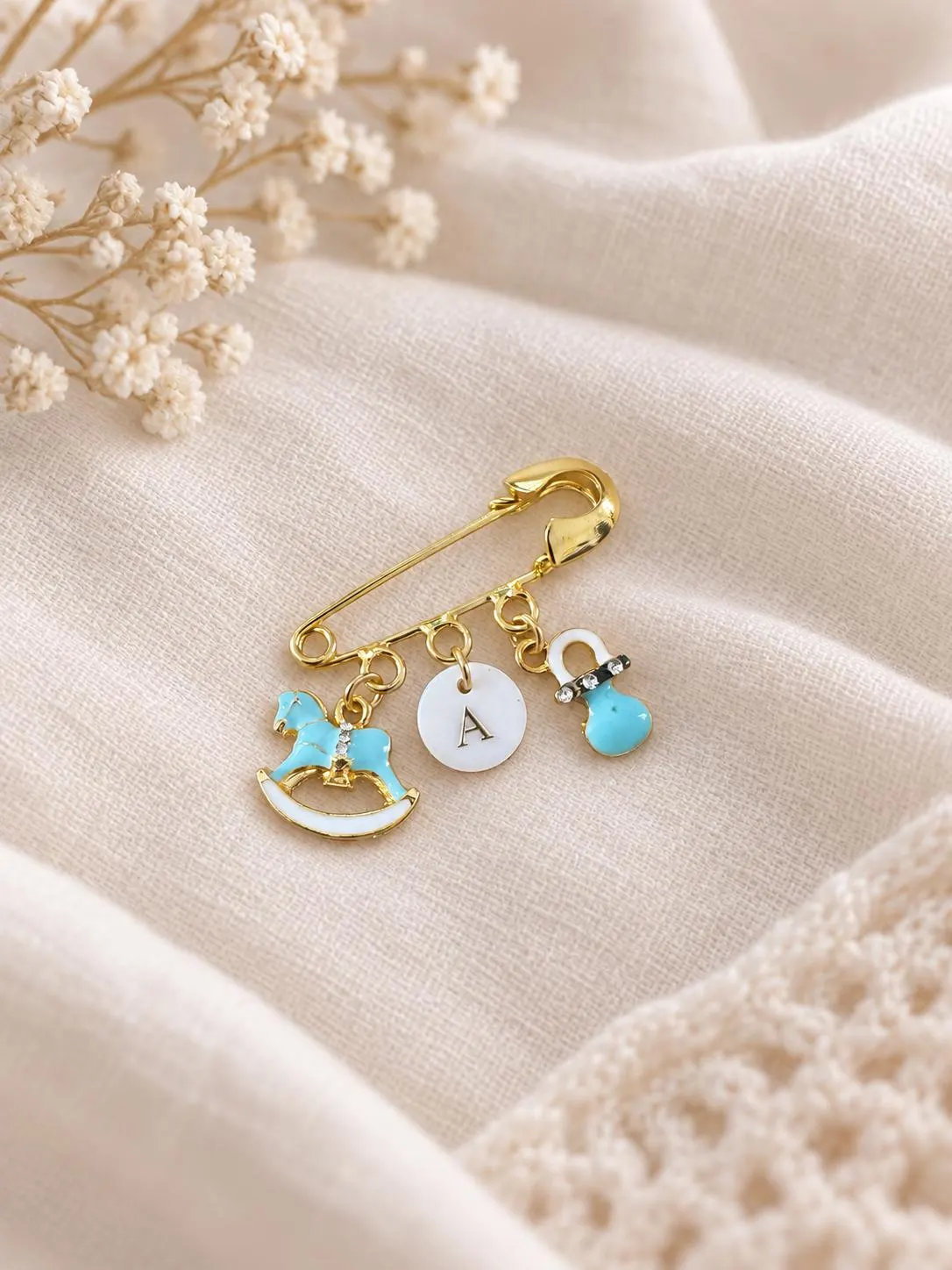 Personalized Baby Safety Pin, Rocking Horse, Pacifier, Initial Charm (Pink or Blue) - image 3