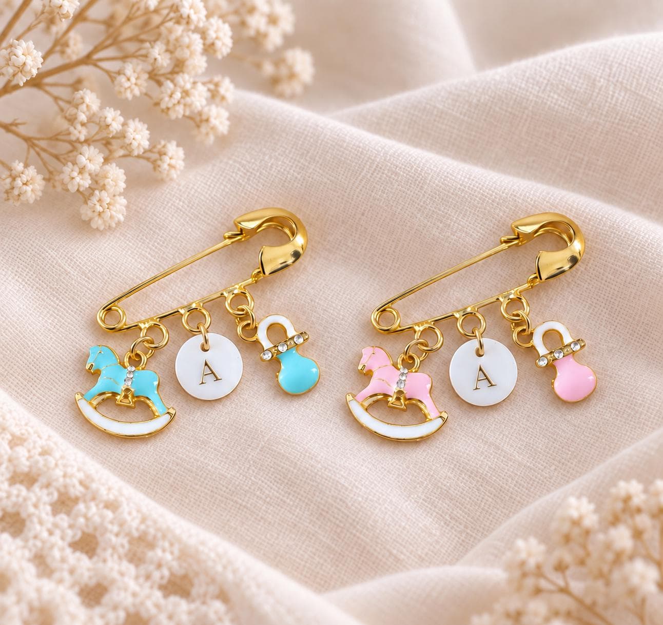 Personalized Baby Safety Pin, Rocking Horse, Pacifier, Initial Charm (Pink or Blue)