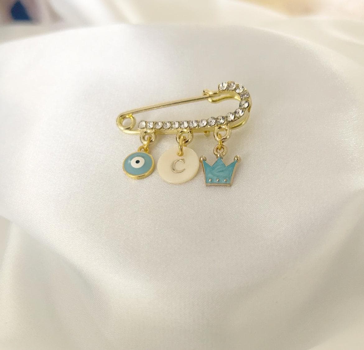 Personalized Baby Pin with Evil Eye, Crown, Initial | Gold Safety Pin Brooch - image 5