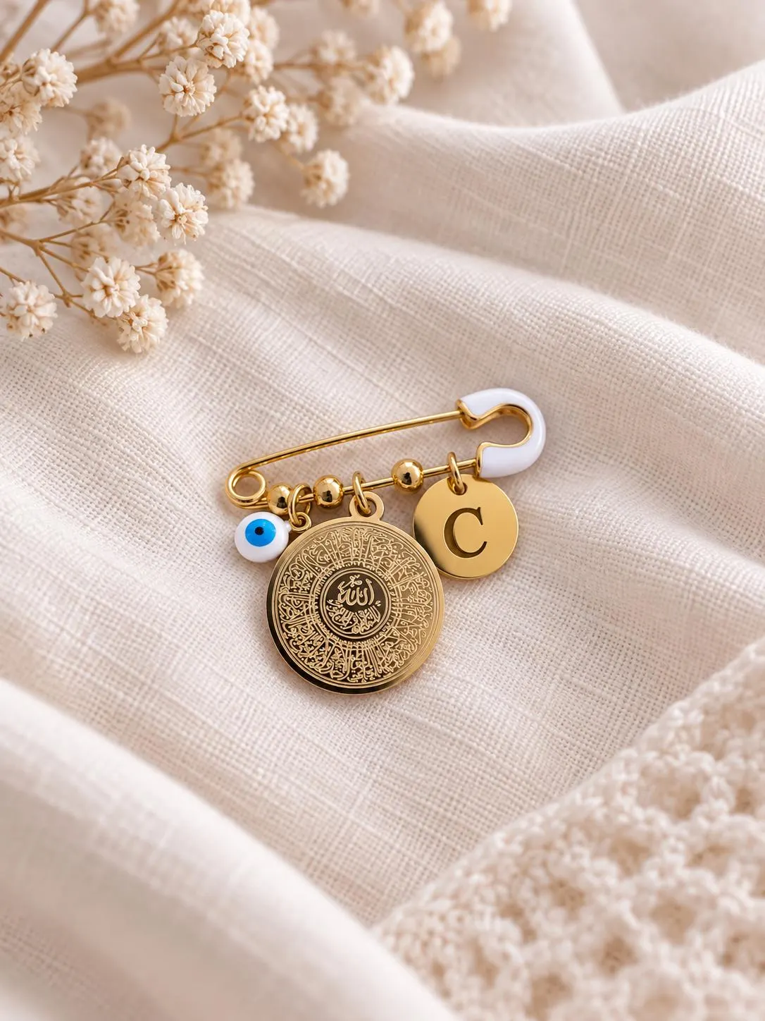 Personalized Islamic Baby Pin | Initial, Evil Eye, Allah Charm