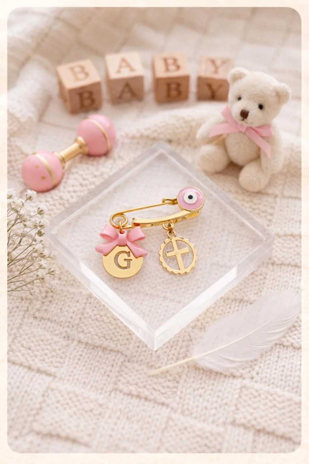 Personalized Gold-Plated Baby Pin, Evil Eye Bow Cross Charm Keepsake