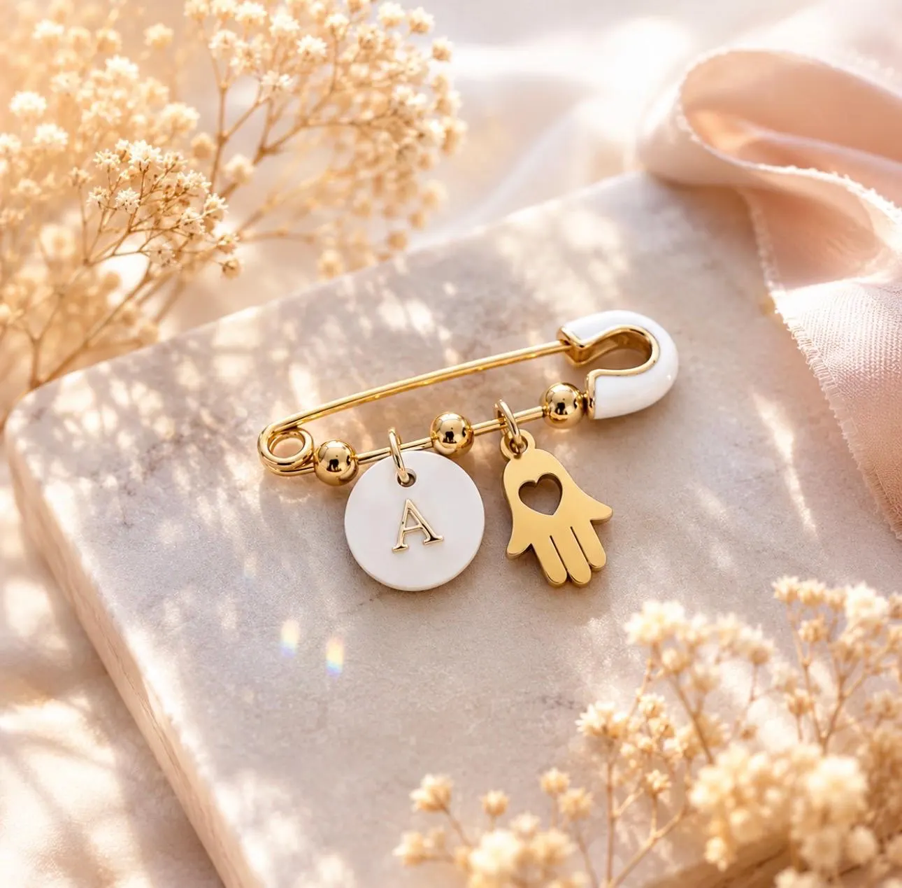Personalized Gold Baby Pin | Initial & Hamsa Charm, Baby Keepsake