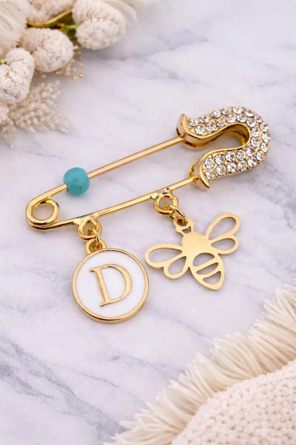 Personalized Initial Gold Safety Pin with Bee Charm | Elegant Minimal Brooch Gift
