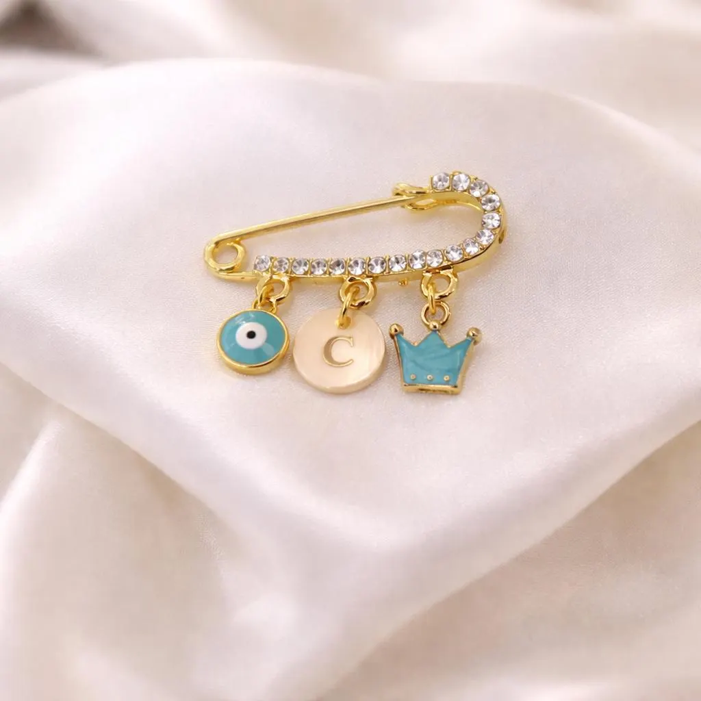 Personalized Baby Pin with Evil Eye, Crown, Initial | Gold Safety Pin Brooch - image 4