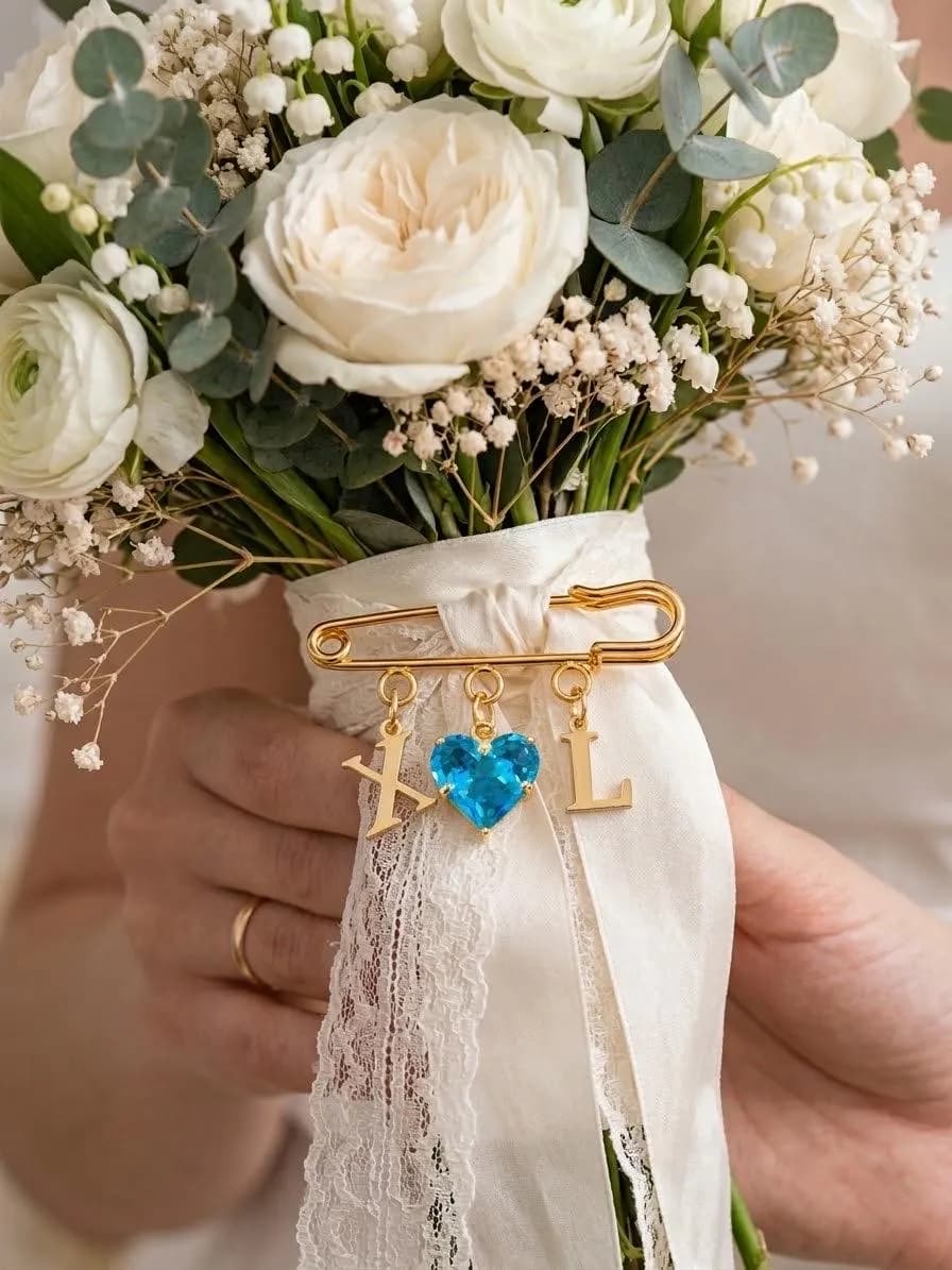 Personalized Bridal Bouquet Pin, Custom Initials, Heart Charm, Something Blue Gift