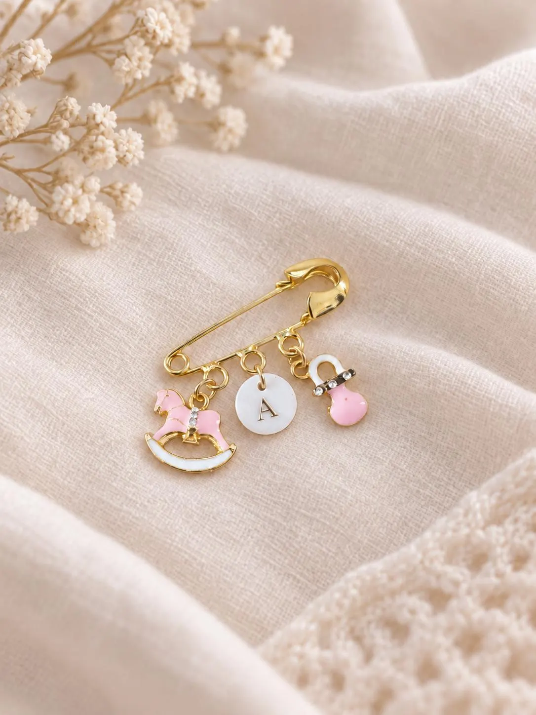Personalized Baby Safety Pin, Rocking Horse, Pacifier, Initial Charm (Pink or Blue) - image 4