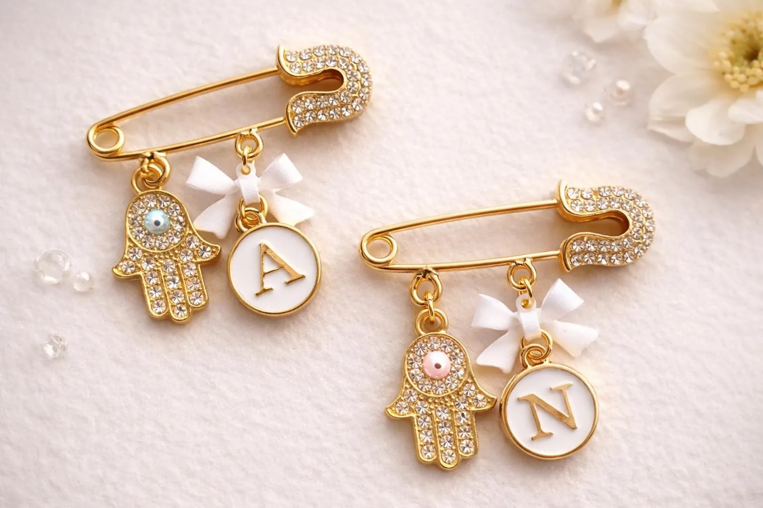 Hamsa Evil Eye Baby Pin, Personalized Initial Brooch, Gold Baby Gift