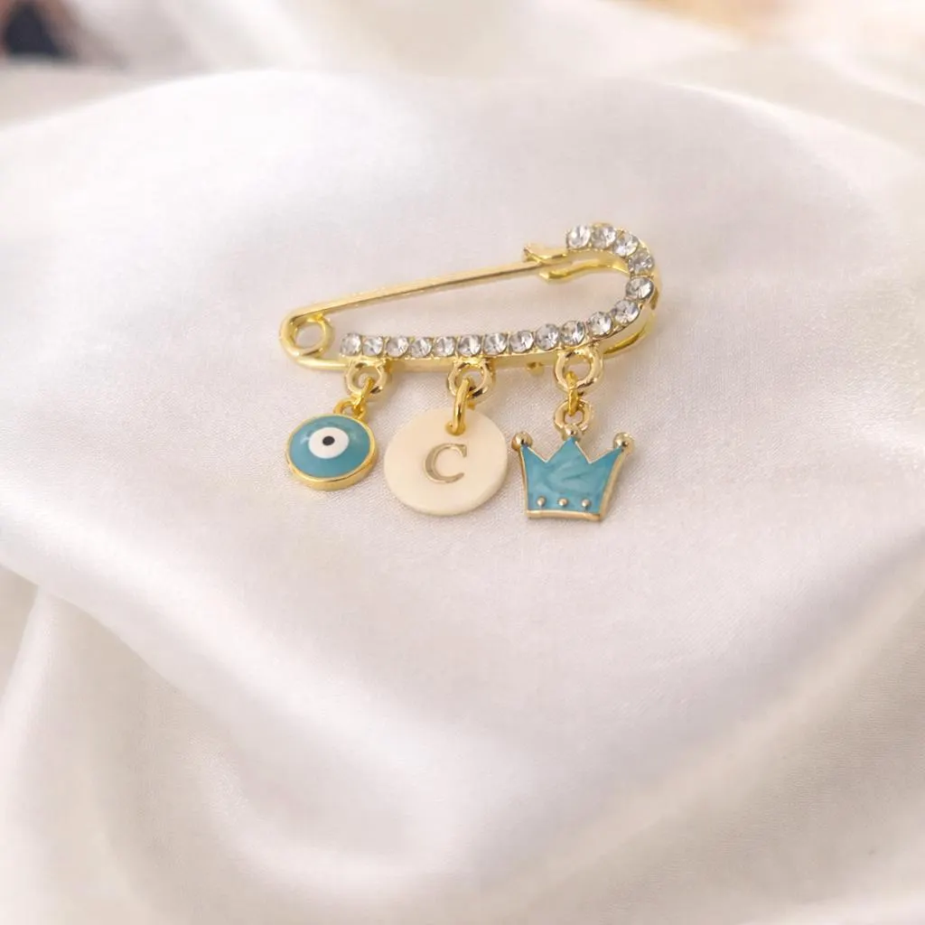 Personalized Baby Pin with Evil Eye, Crown, Initial | Gold Safety Pin Brooch