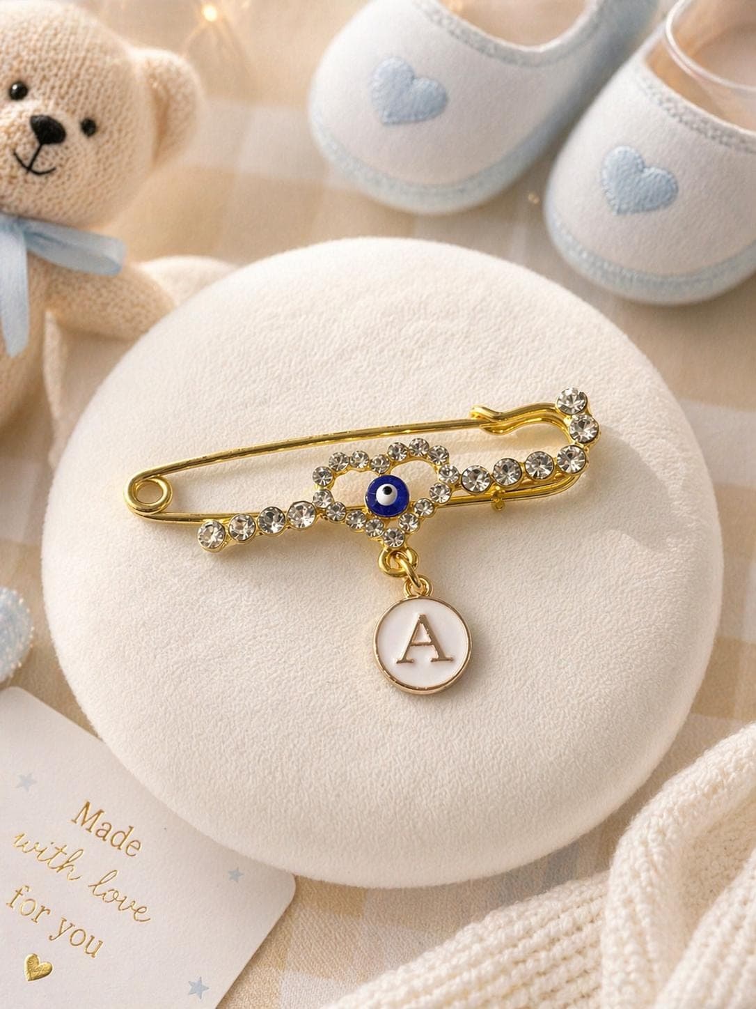 Personalized Evil Eye Stroller Pin, Gold-Tone Rhinestone Baby Safety Accessory
