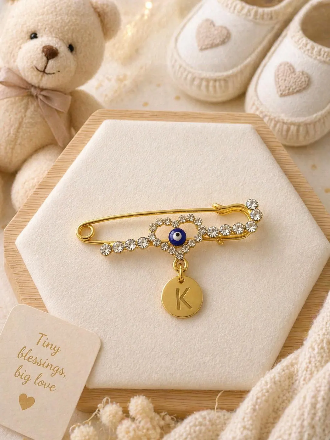 Personalized Evil Eye Stroller Pin, Gold-Tone Rhinestone Baby Safety Accessory - image 3