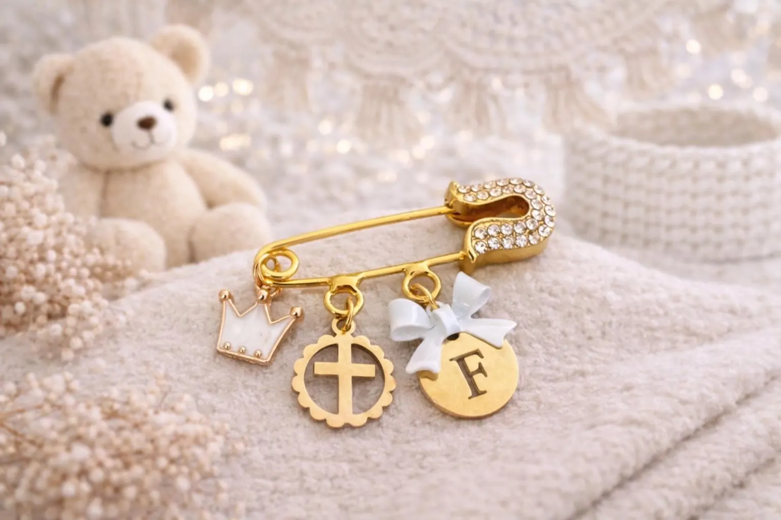 Personalized Gold-Plated Baby Pin, Cross Crown Initial Charm Keepsake