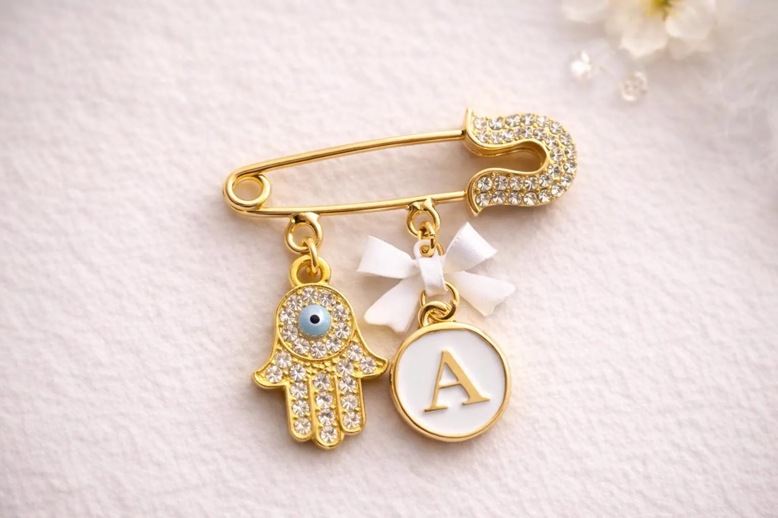 Hamsa Evil Eye Baby Pin, Personalized Initial Brooch, Gold Baby Gift - image 4