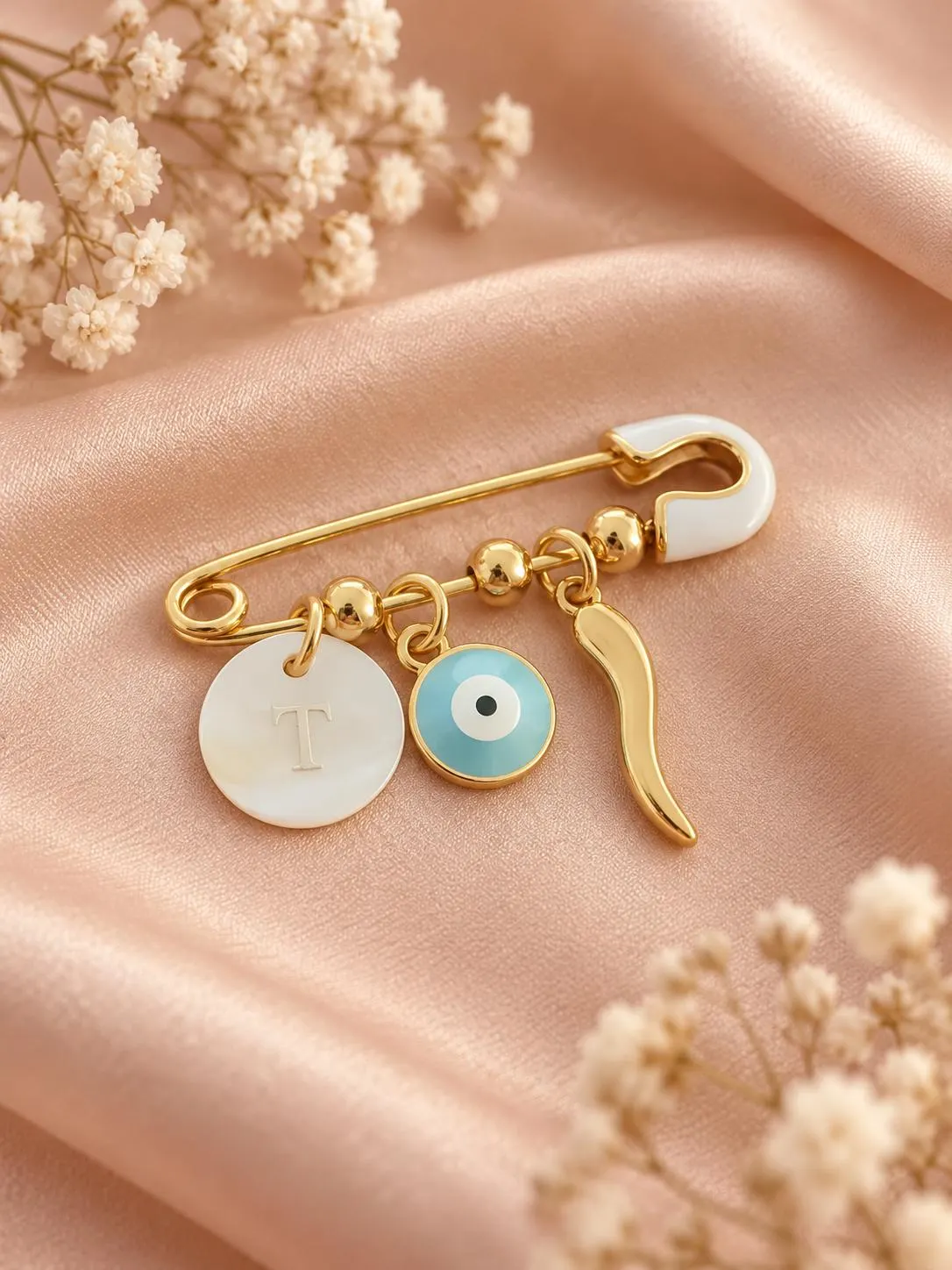 Personalized Gold Plated Baby Brooch, Initial, Evil Eye, Cornicello Charm Pin