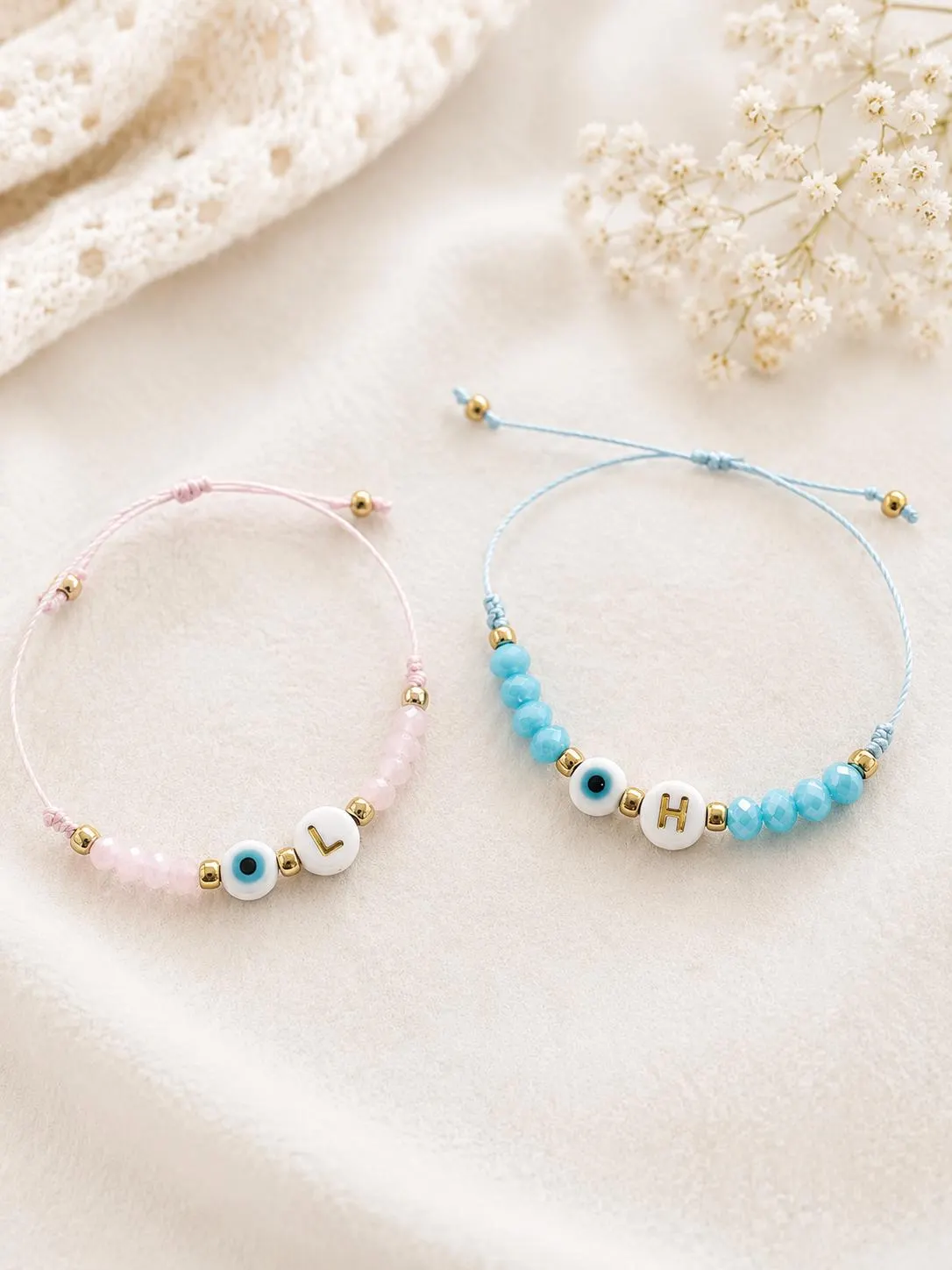 Adjustable Baby Initial Bracelet with Evil Eye