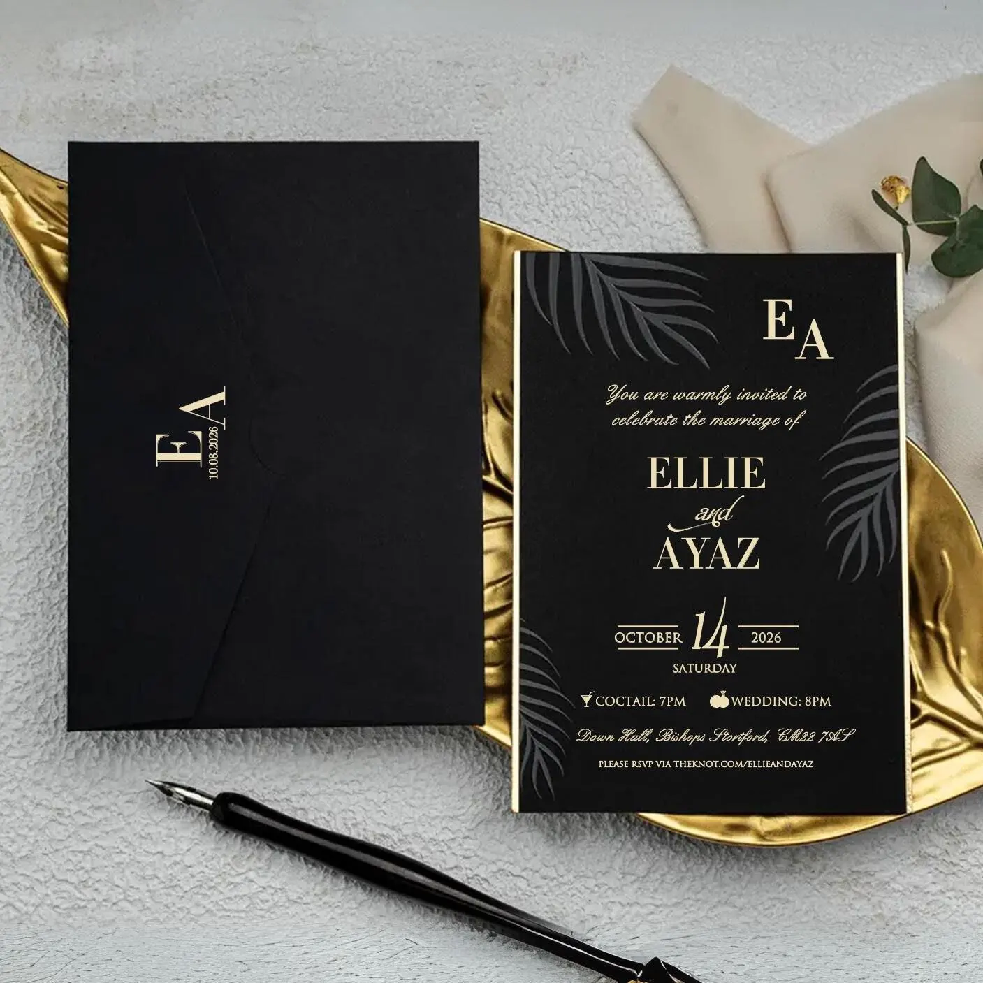 Palm Leaf Gold Foil Black Invitation - Elegant Harmony of Black Paper and Gold Print -Minimalist Black Envelope