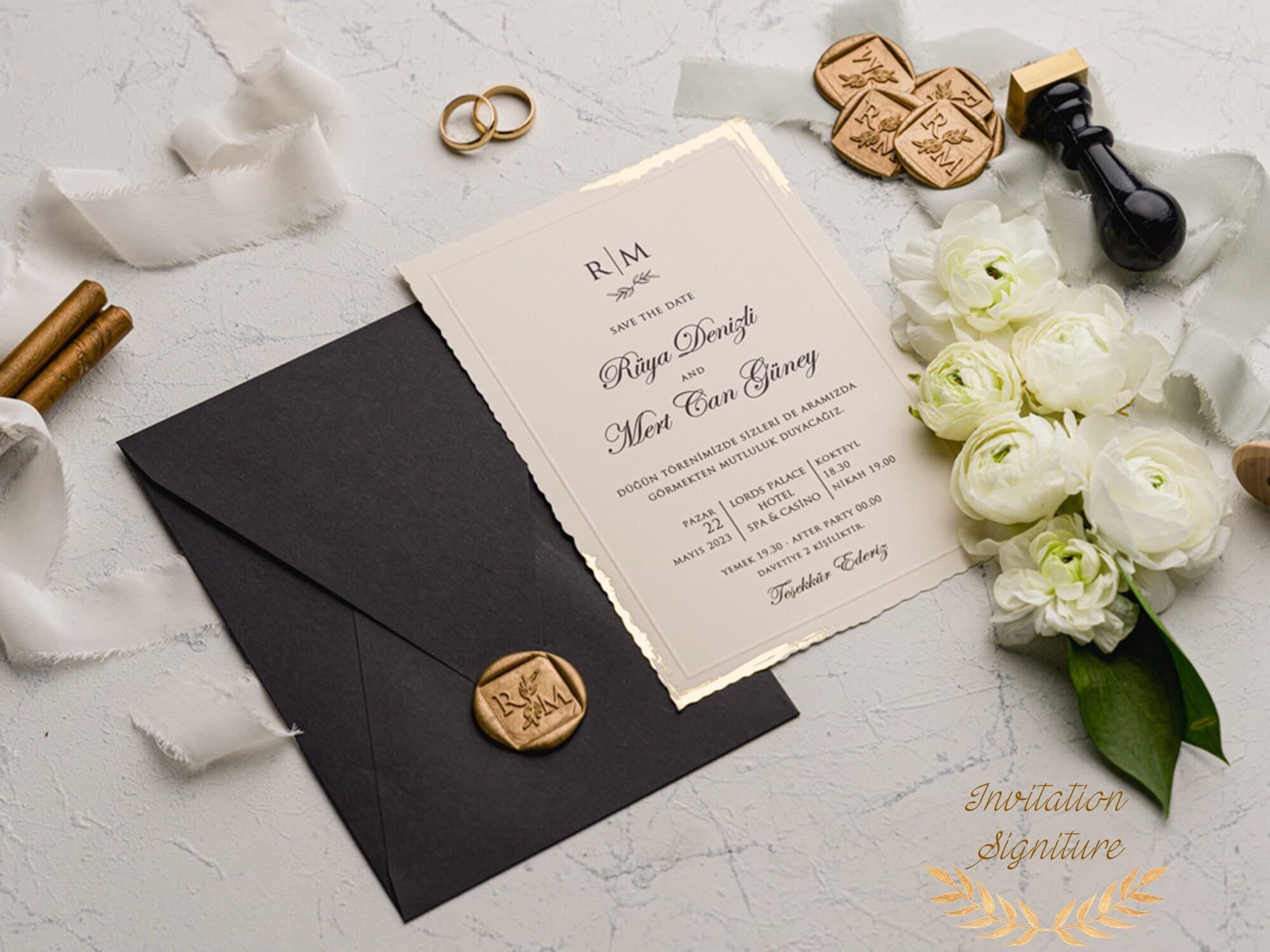 Wedding Invitation -  Gold Foil Deckle Edge Invitations with Wax Seal - Minimalist Black Envelope - Modern Wedding Invitation
