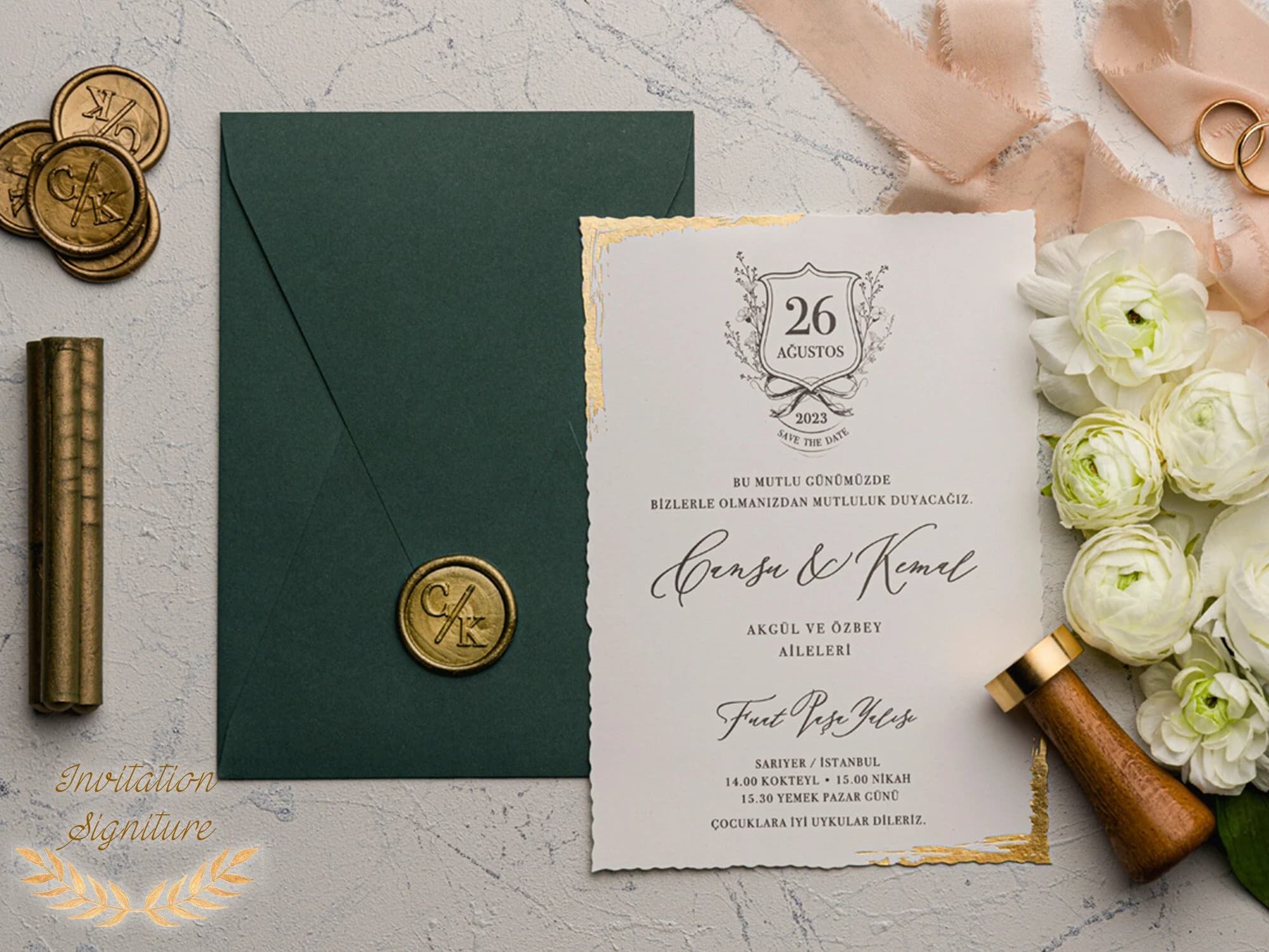 Elegant Wedding Invitation Set - Gold Foil Deckle Edge Invitations with Wax Seal - Minimalist Green Envelope - Modern Wedding Invitation