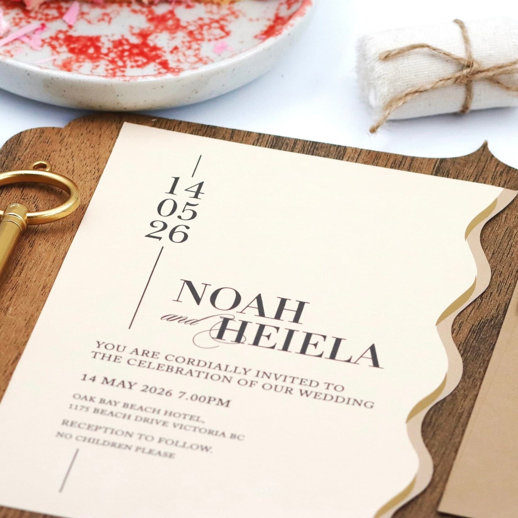 Elegant Wedding Invitation Set - Wavy Cut Gold Foil Brown Wedding Invitation