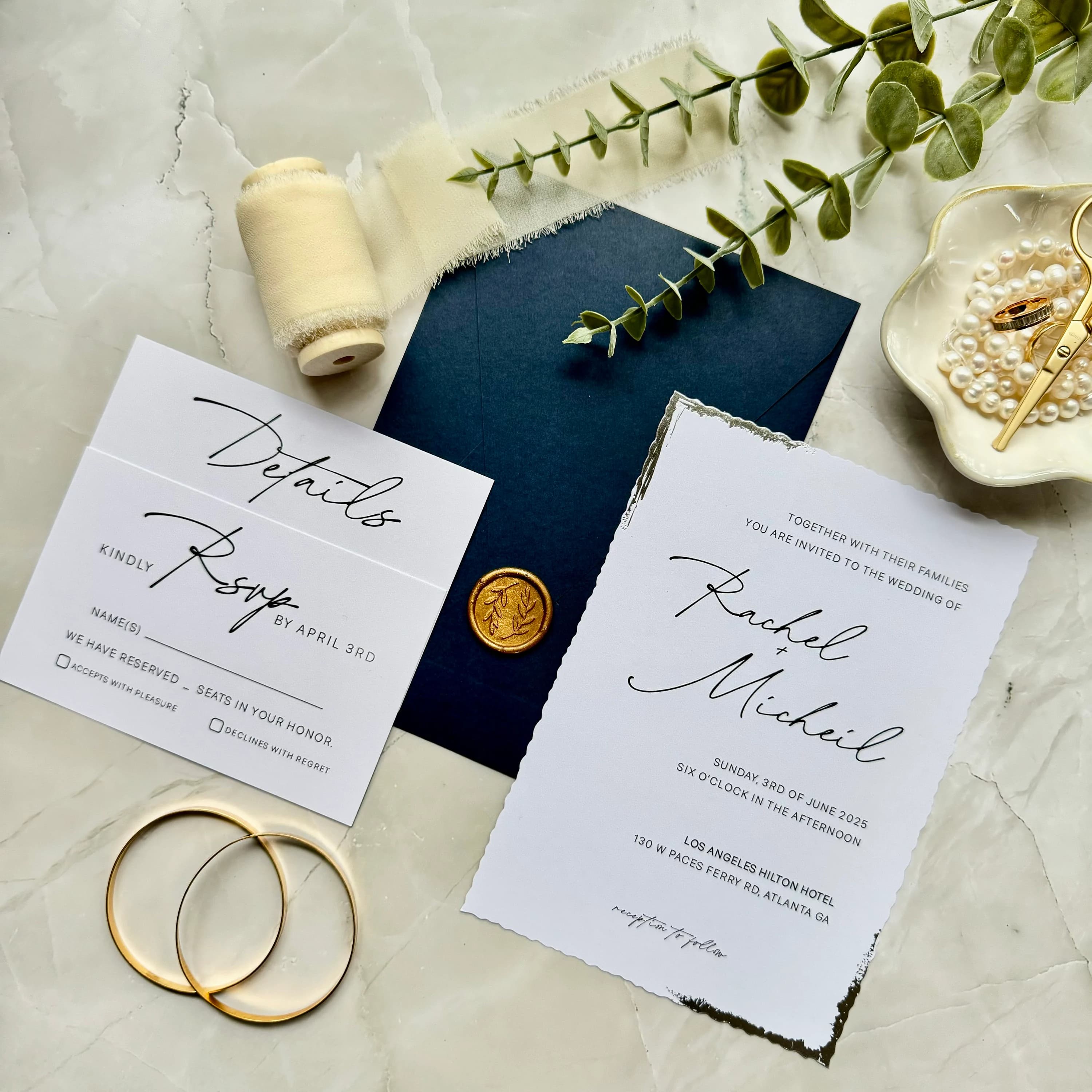 Wedding invitation suite with RSVP and details card - Silver foil details - full navy wedding invitation set with custom seal