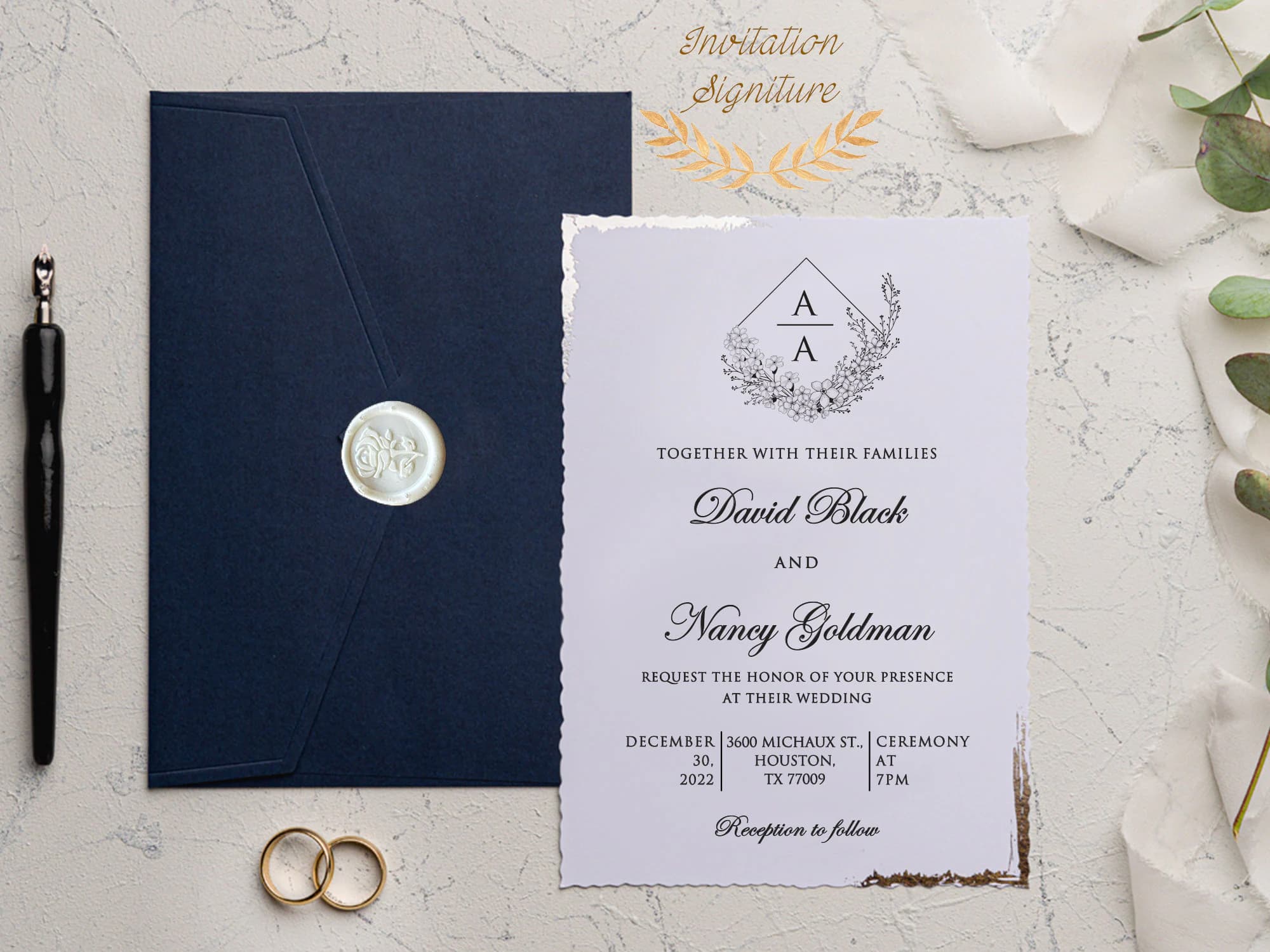 Wedding Invitation Set Royal Blue - Silver Foil Deckle Edge Invitations with Wax Seal - Minimalist Blue Envelope - Modern Wedding Invitation