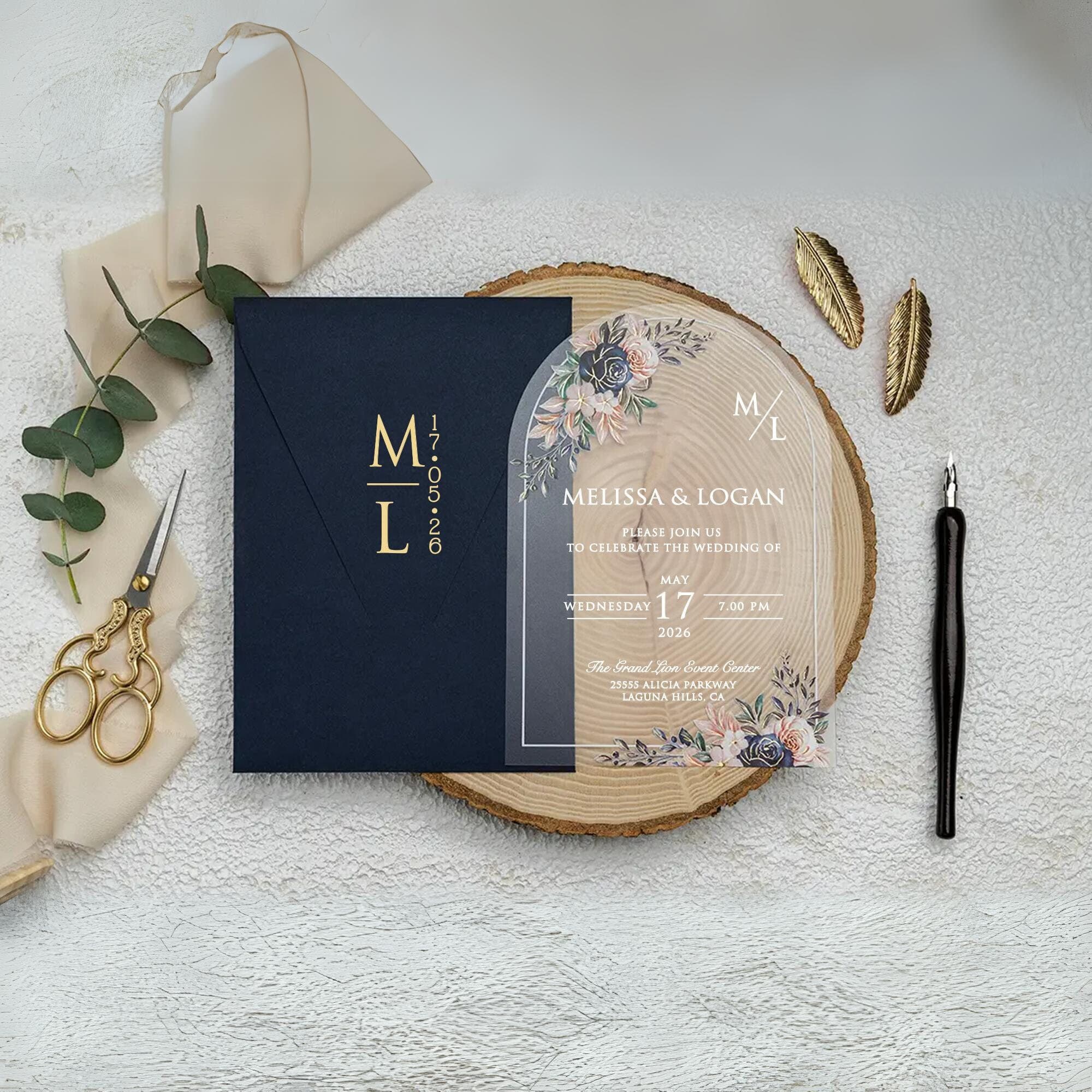 Oval Cut Floral Acrylic Wedding Invitation - Navy Envelope with Gold Print - Colorful Flowers and White Harmony