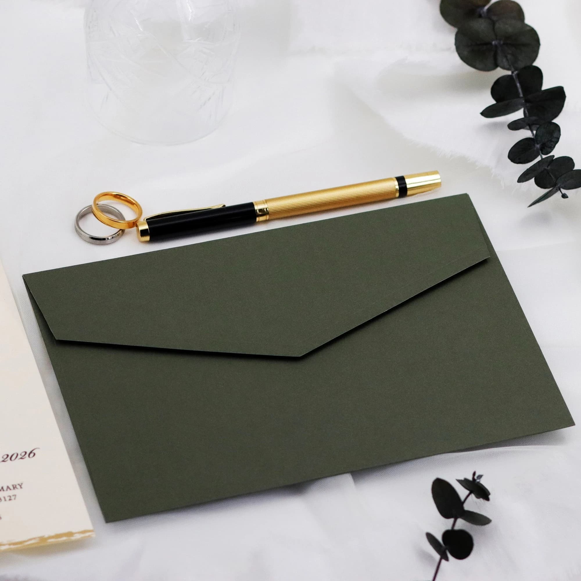 Gold Flower and Ribbon Detailed Cream Wedding Invitation - Accompanied by a Foil-Stamped Green Envelope - Perfect Harmony - image 4