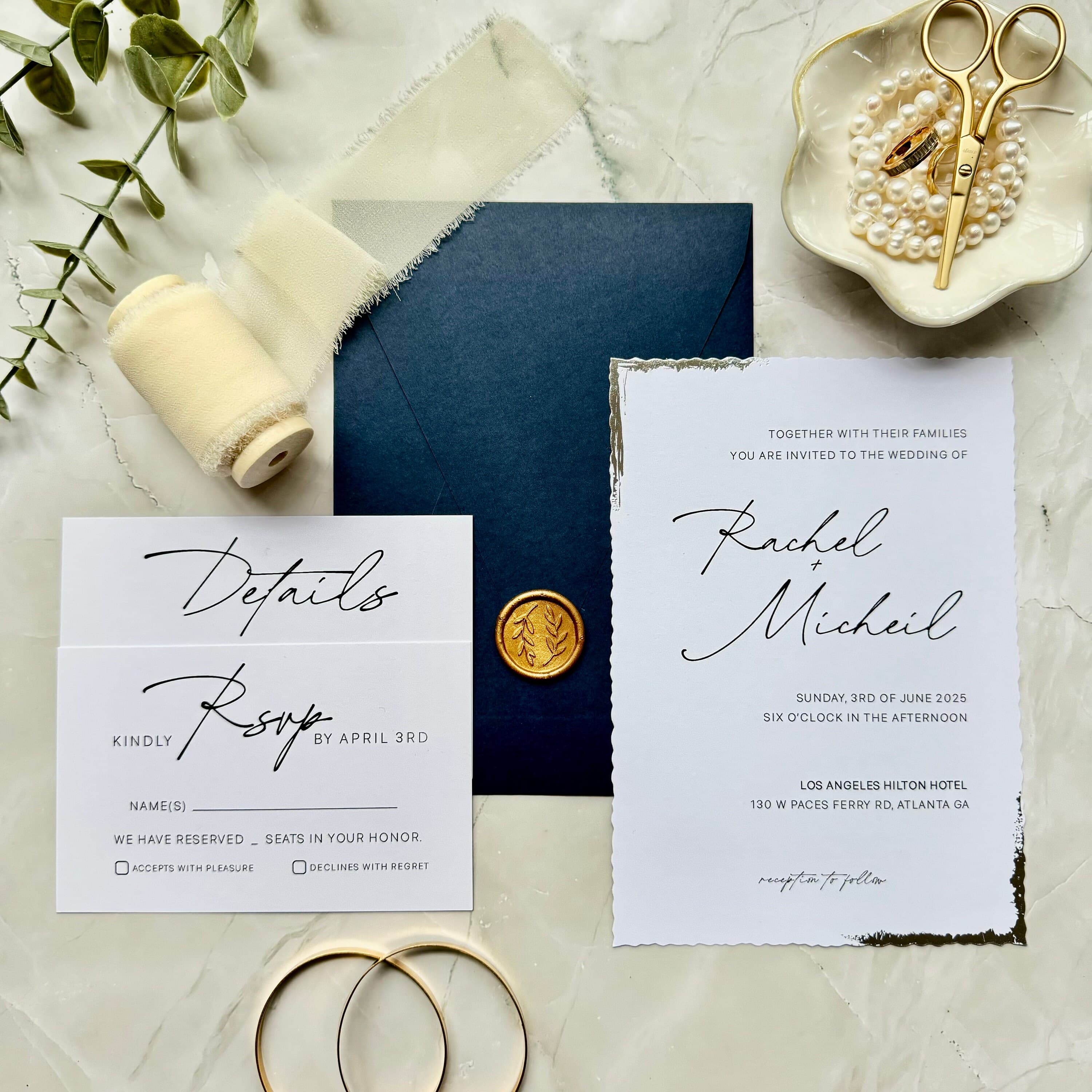 Wedding invitation suite with RSVP and details card - Silver foil details - full navy wedding invitation set with custom seal - image 5