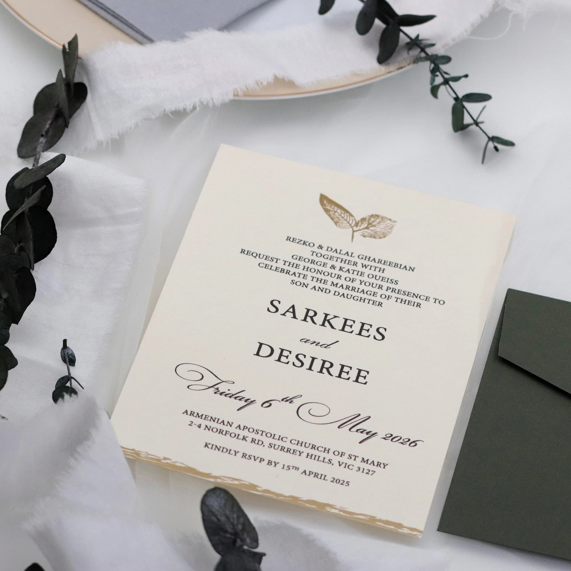 Gold Flower and Ribbon Detailed Cream Wedding Invitation - Accompanied by a Foil-Stamped Green Envelope - Perfect Harmony - image 3