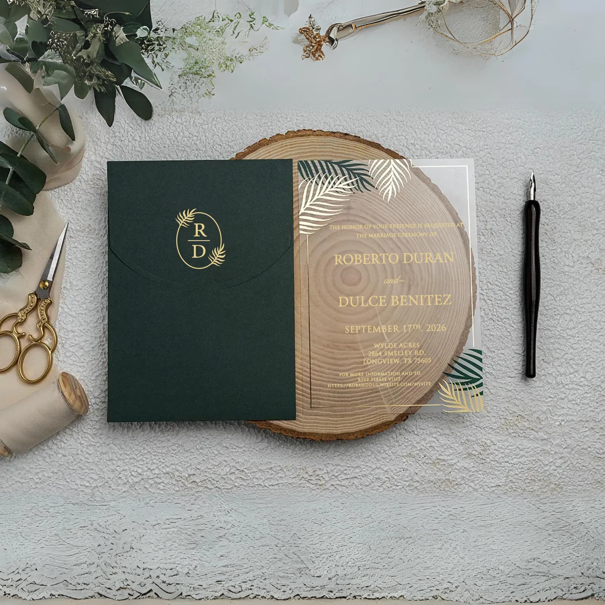 Yellow and Green Leaf Gold Foil Acrylic Wedding Invitation - Accompanied by Oval Flap Green Envelopes