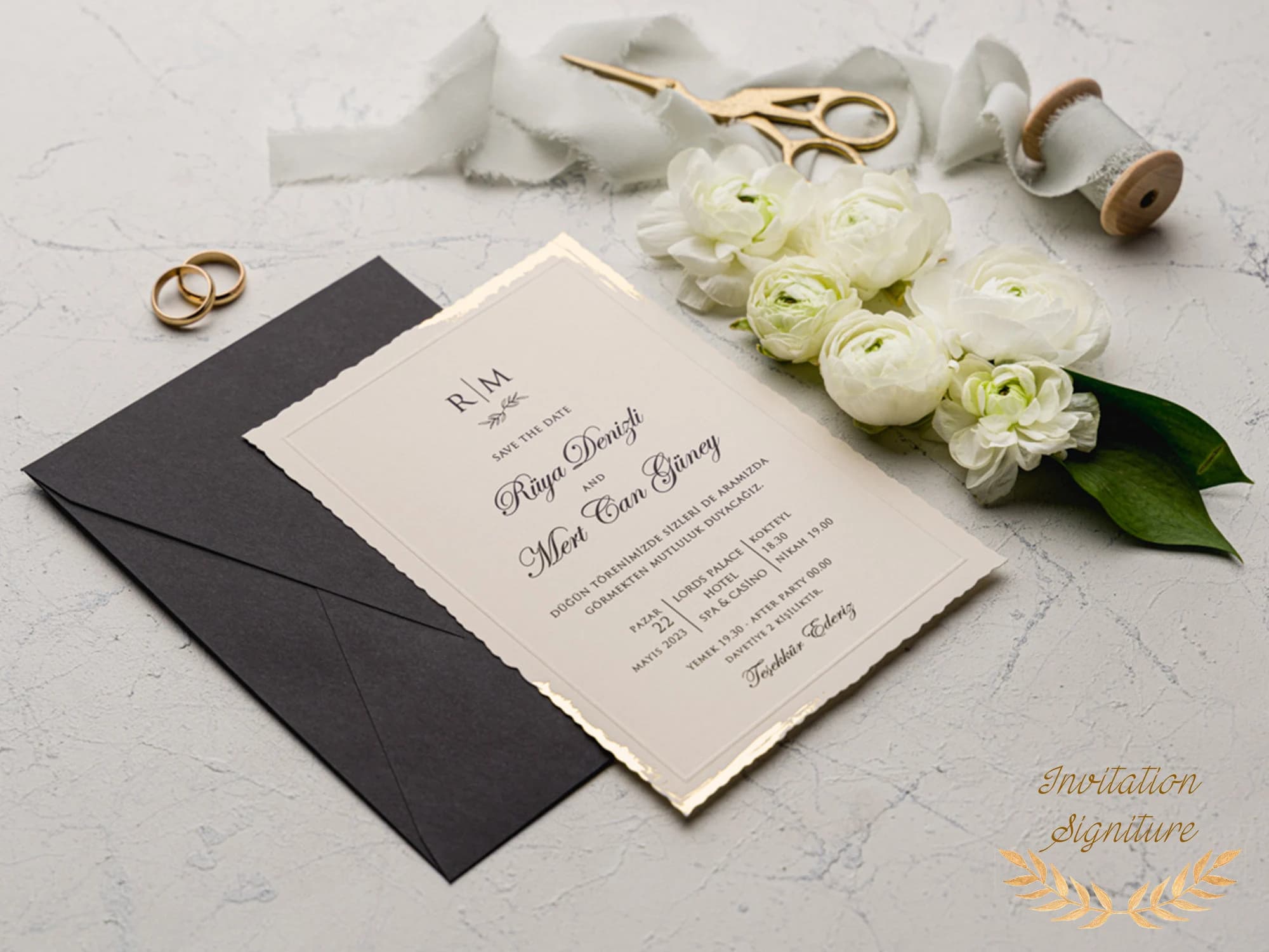 Elegant Wedding Invitation Set -  Gold Foil Deckle Edge Invitations with Wax Seal - Minimalist Black Envelope - Wedding Invitation - image 2