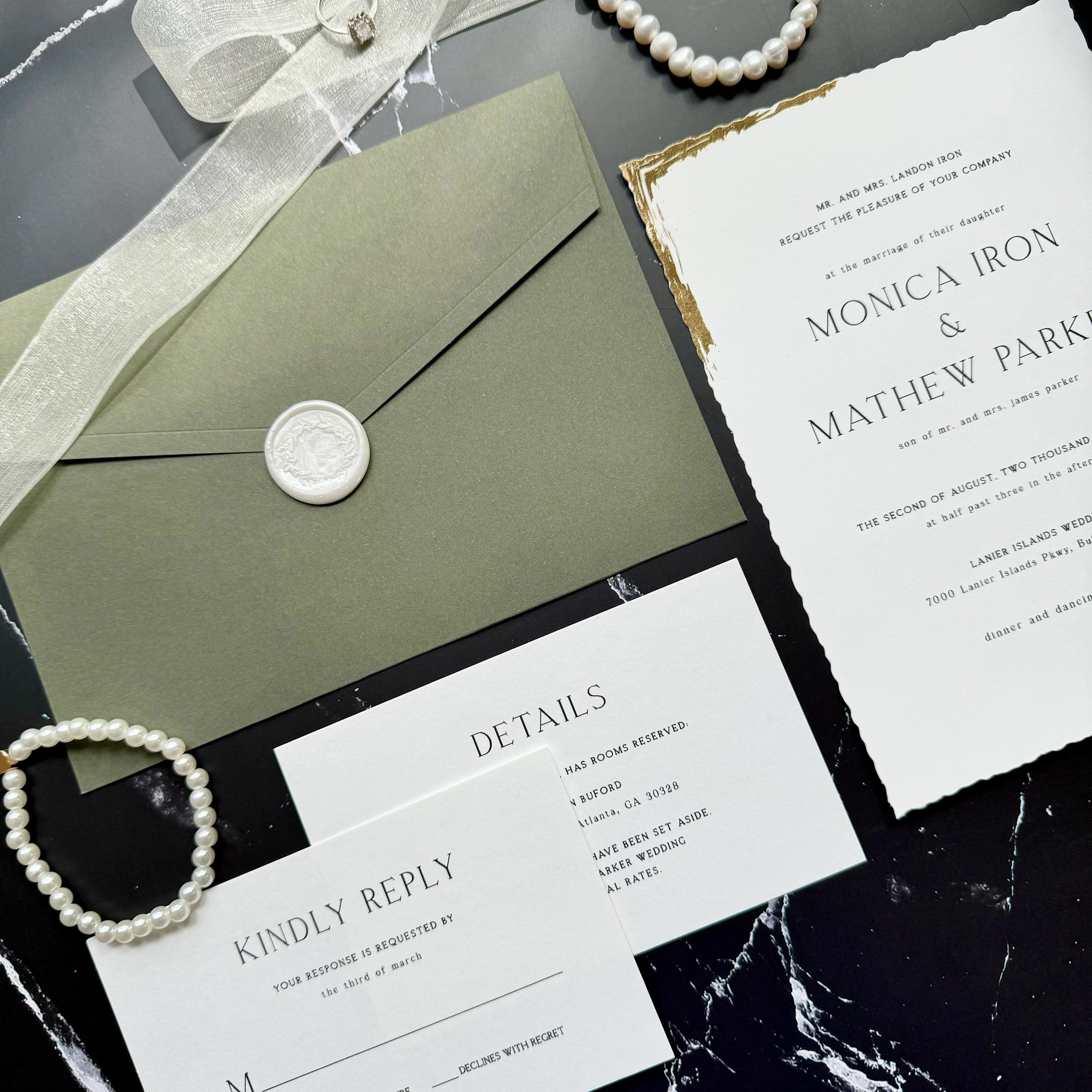 Wedding invitation suite set with a Classic design, wax seal, Sage Green invitation envelope, RSVP, and details card