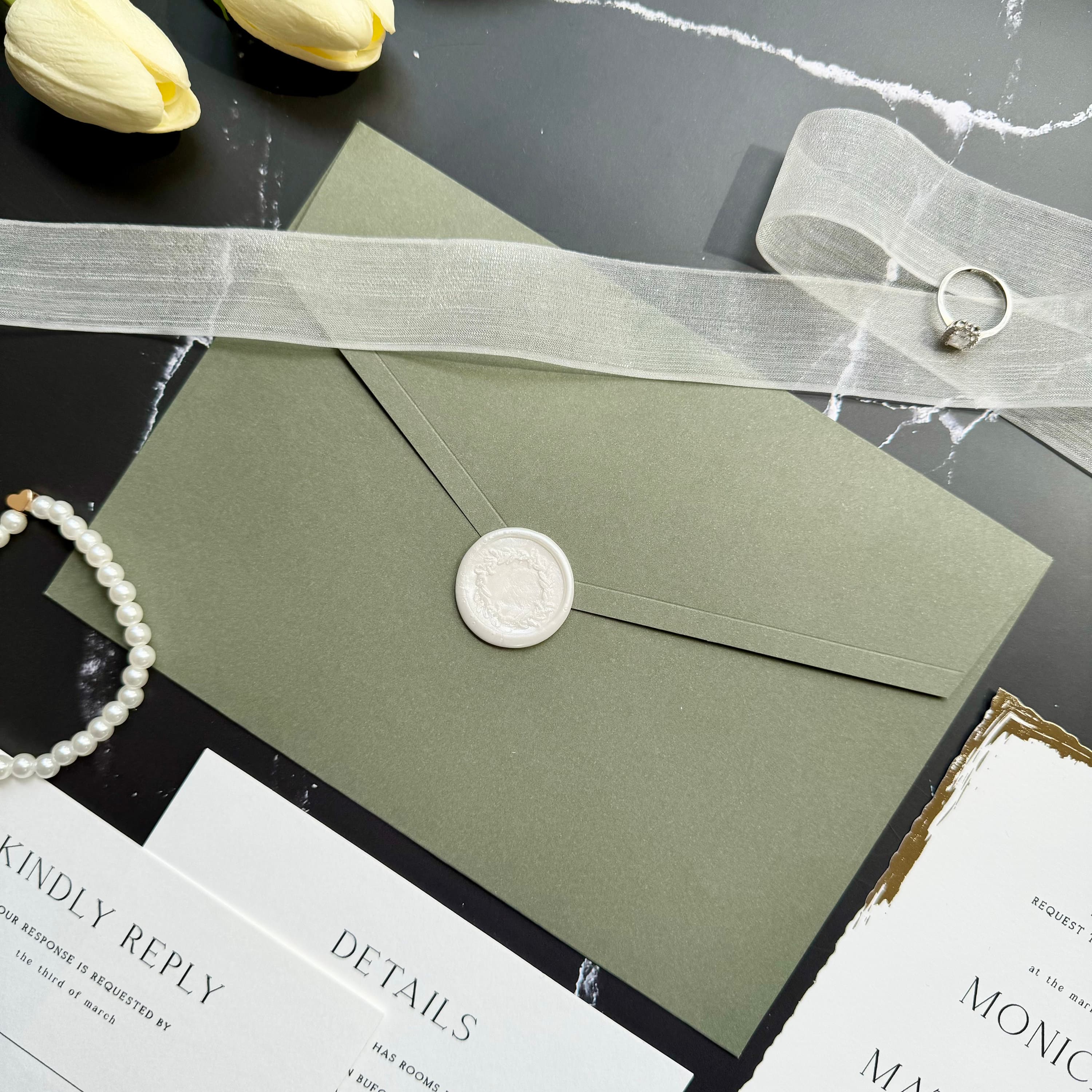 Wedding invitation suite set with a Classic design, wax seal, Sage Green invitation envelope, RSVP, and details card - image 5