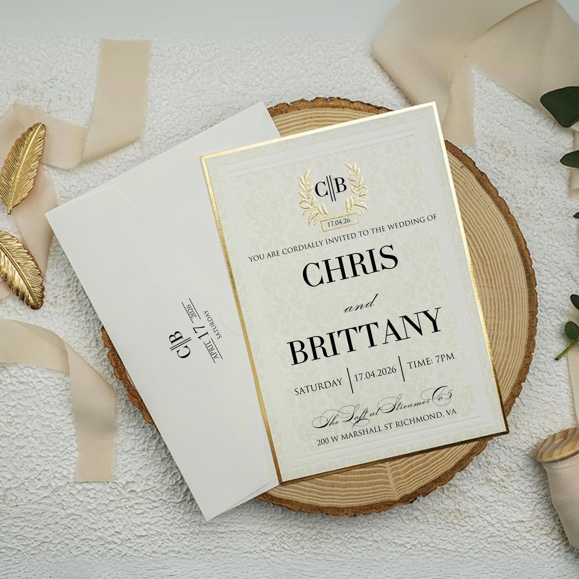 Crown Monogrammed White Elite Wedding Invitation Card, Unique Gold Edge Detailed Wedding Invitation Card - image 3