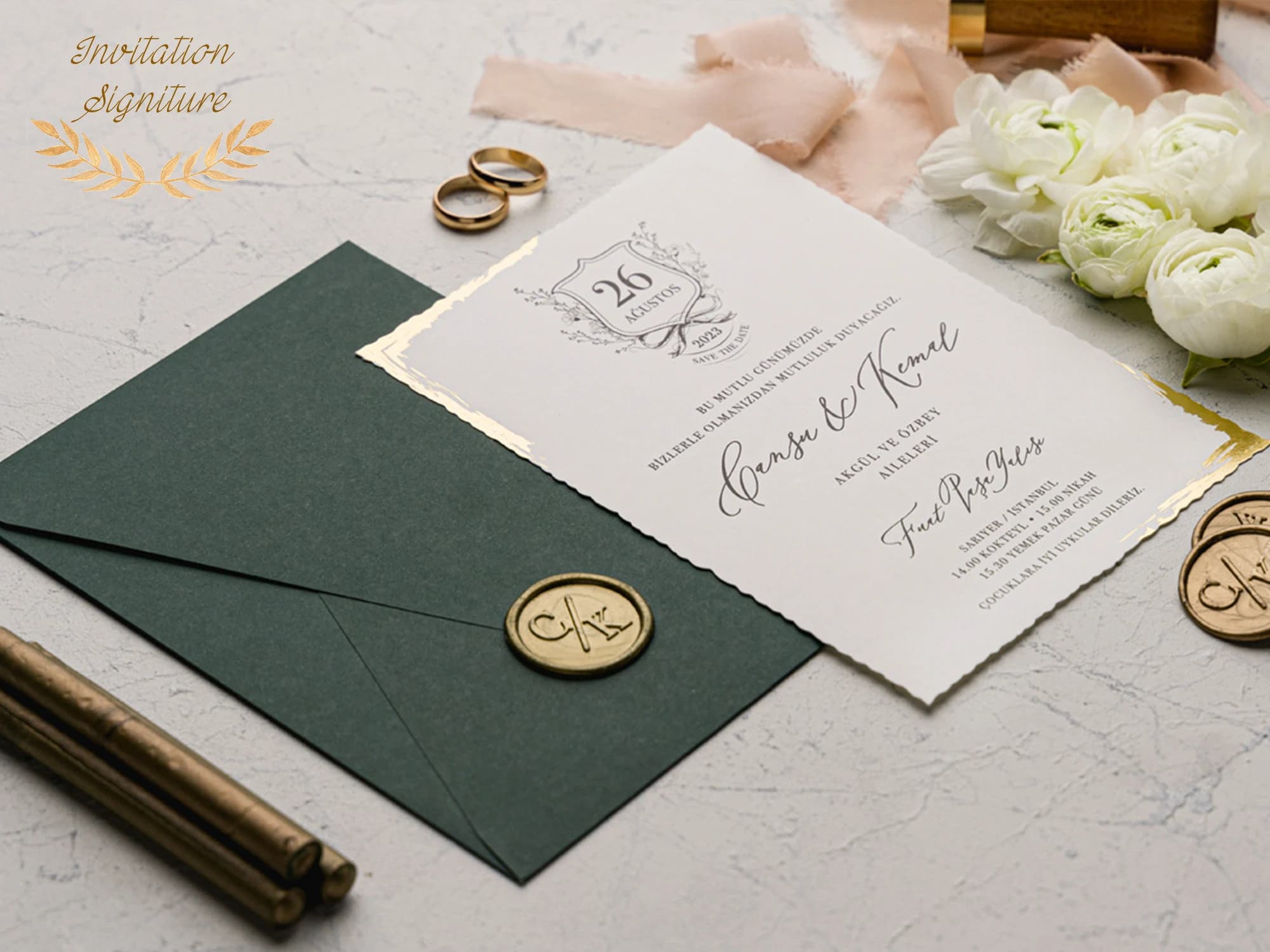 Elegant Wedding Invitation Set - Gold Foil Deckle Edge Invitations with Wax Seal - Minimalist Green Envelope - Modern Wedding Invitation - image 4