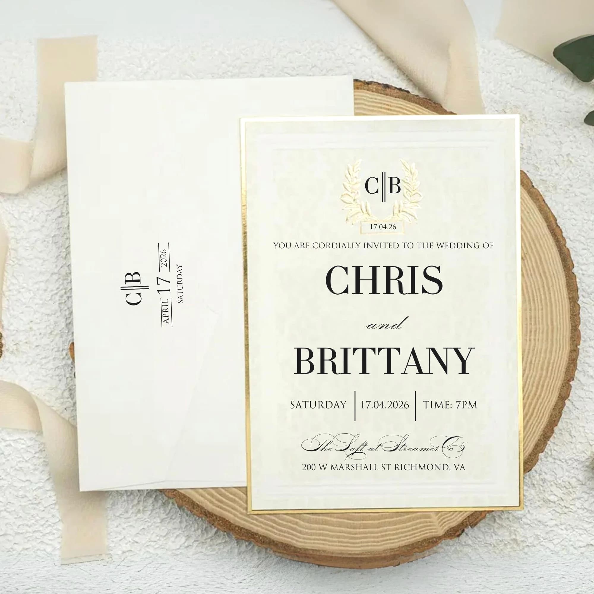 Crown Monogrammed White Elite Wedding Invitation Card, Unique Gold Edge Detailed Wedding Invitation Card
